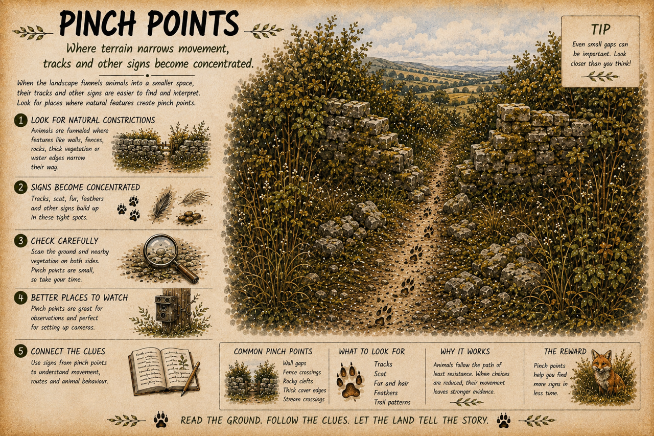 A diagram explainign how pinch points in the landscape funnel wildlife into spaces where their tracks and other signs are easier to find.