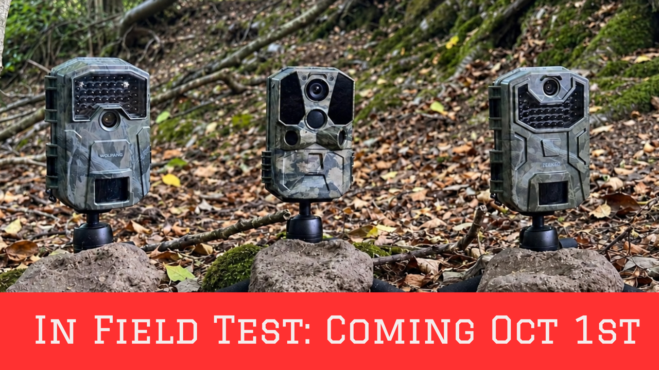 3 Trail cameras under field test with a red banner saying coming Oct 1st.