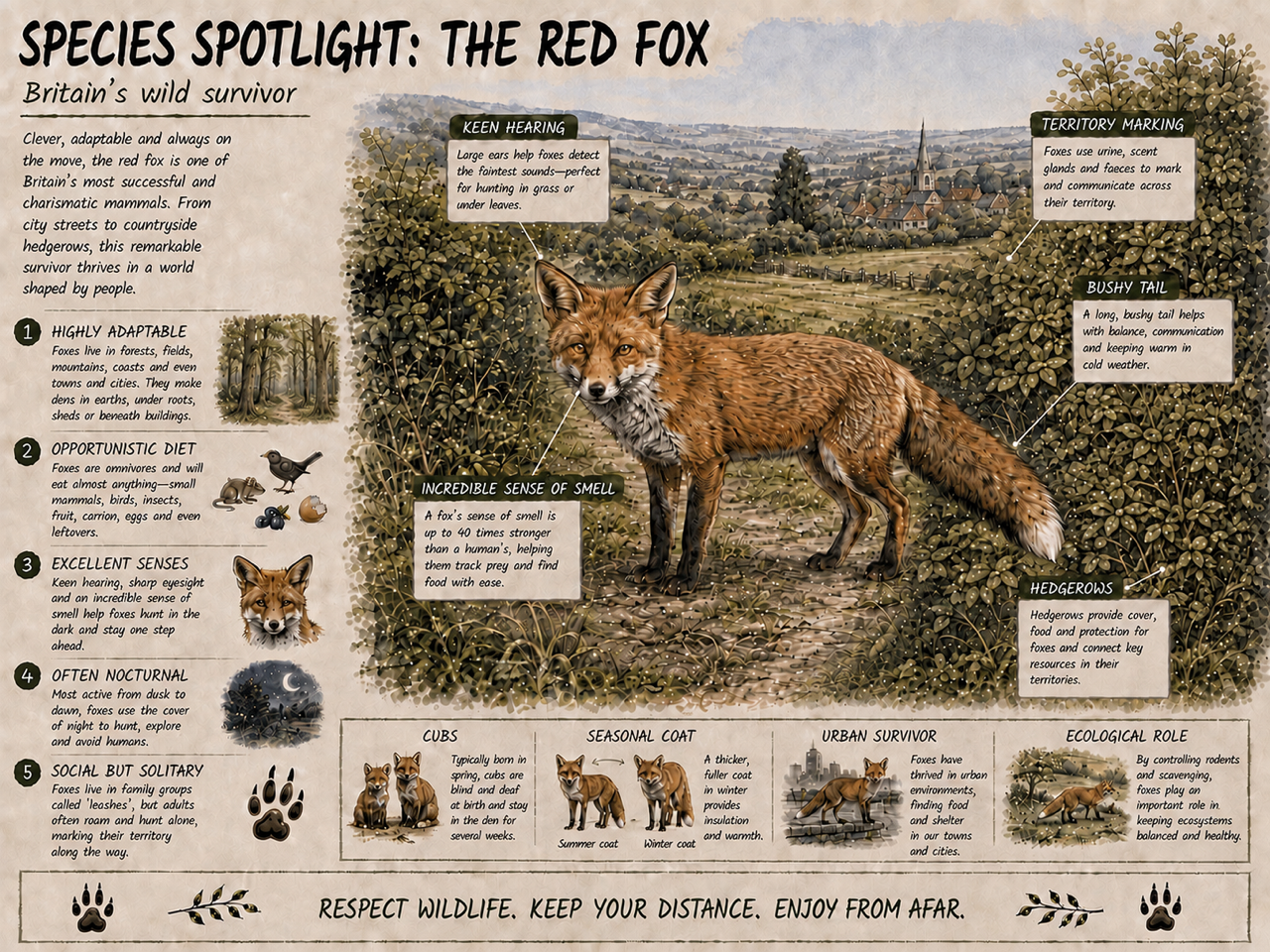 An image of a red fox standing on a path through the countryside with notes explaining about their behaviour.