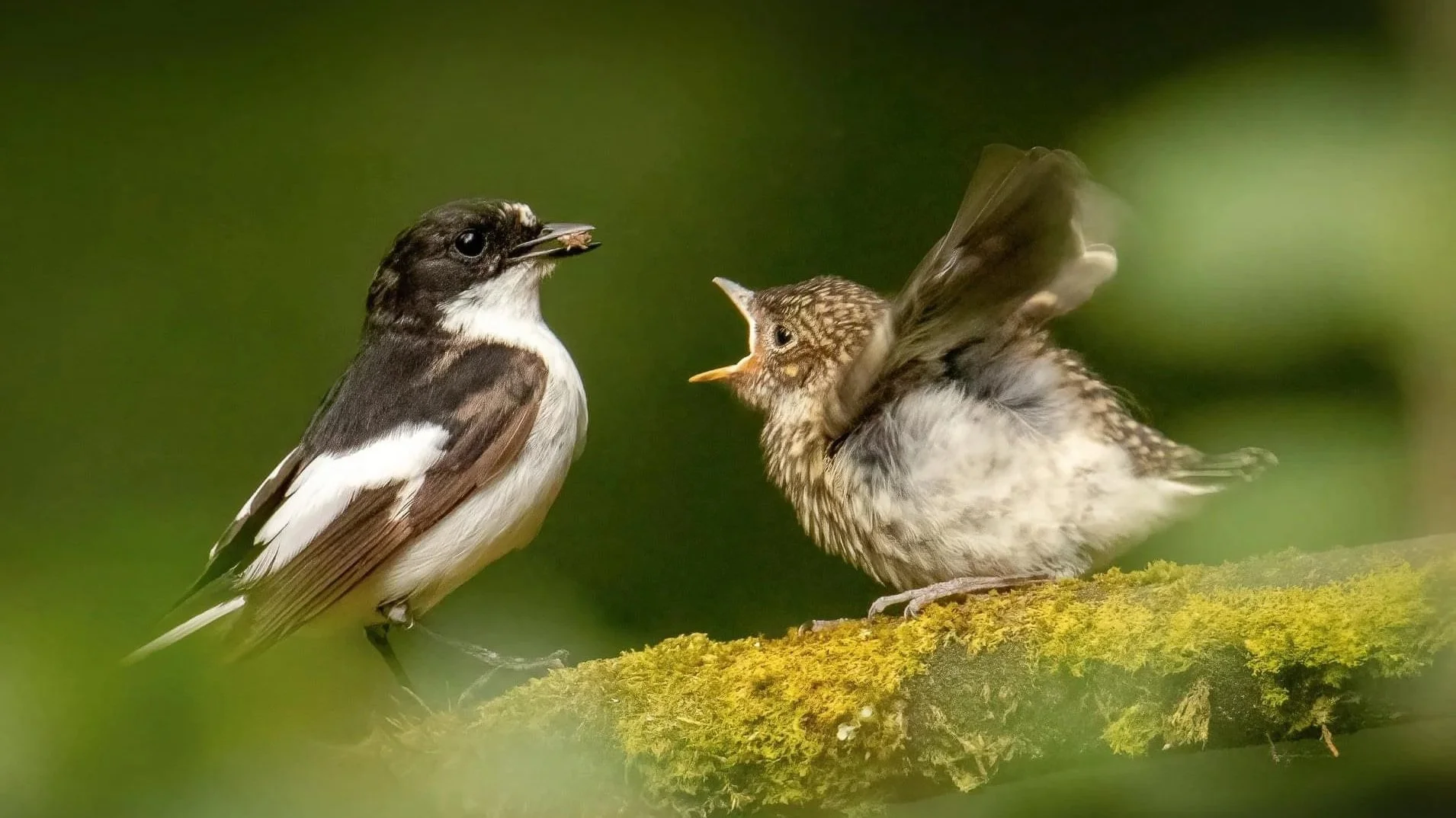 A Pied Flycatcher feeding young on a mossy stick with a green background.