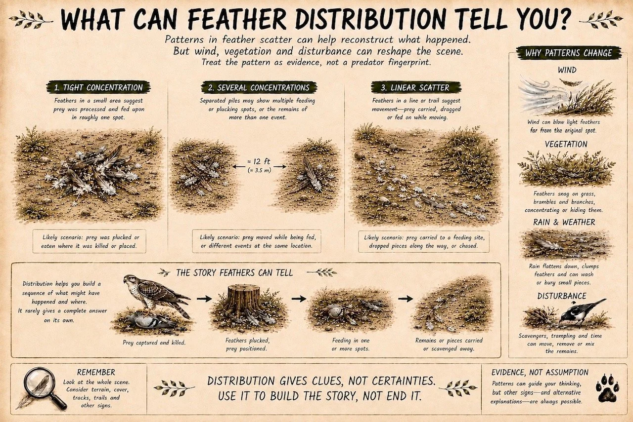 Diagram comparing concentrated, separated and linear feather scatters, with examples of how wind, vegetation, rain and disturbance can alter them.