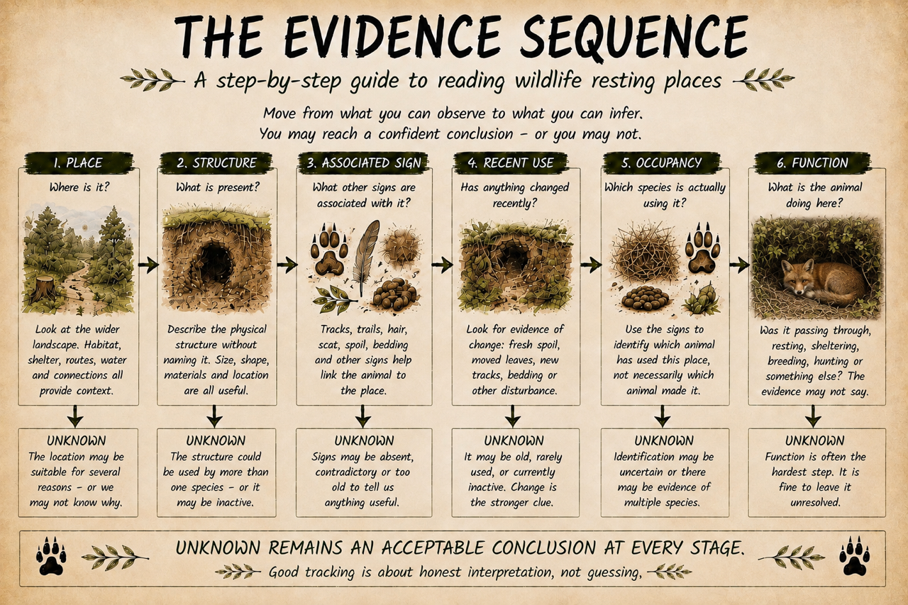 Six-stage evidence sequence: place, structure, associated signs, recent use, occupancy and function, with uncertainty retained where evidence is insufficient..