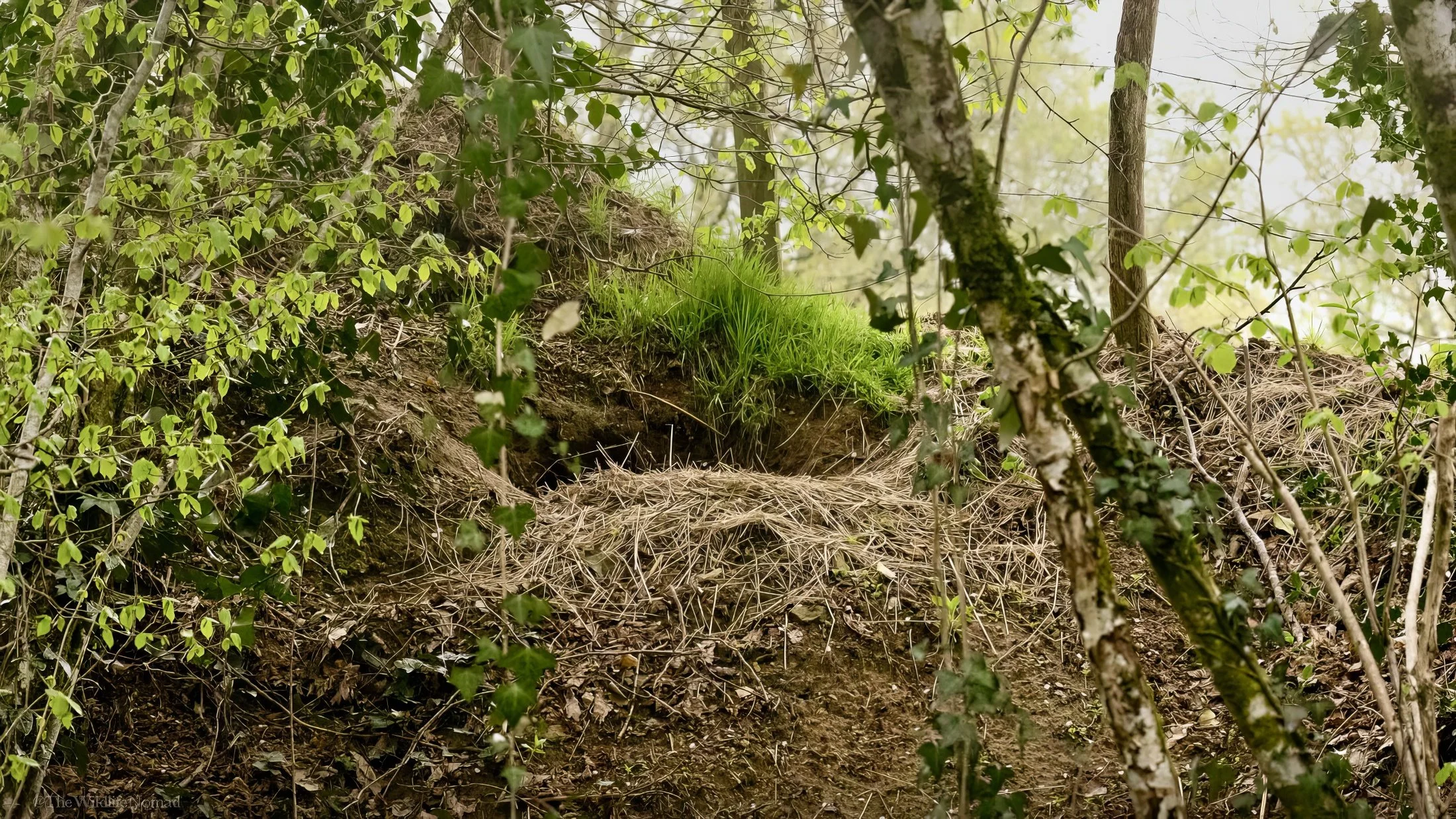 Dry vegetation gathered and moved near an entrance on a wooded bank.