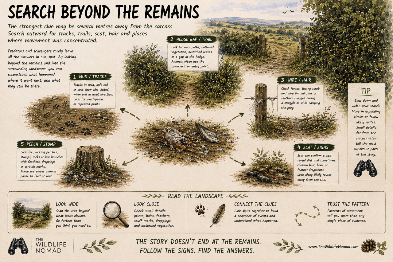 Field-search diagram showing tracks, trails, hair, scat and perch sites to check around wildlife prey remains