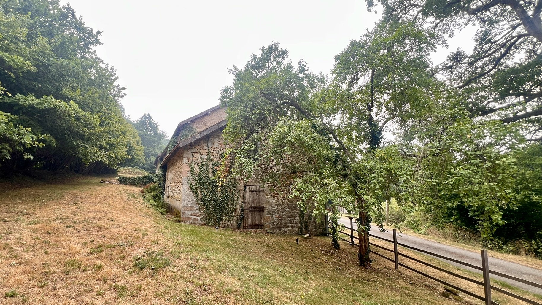 An old French porcherie with plum tree in the foreground.
