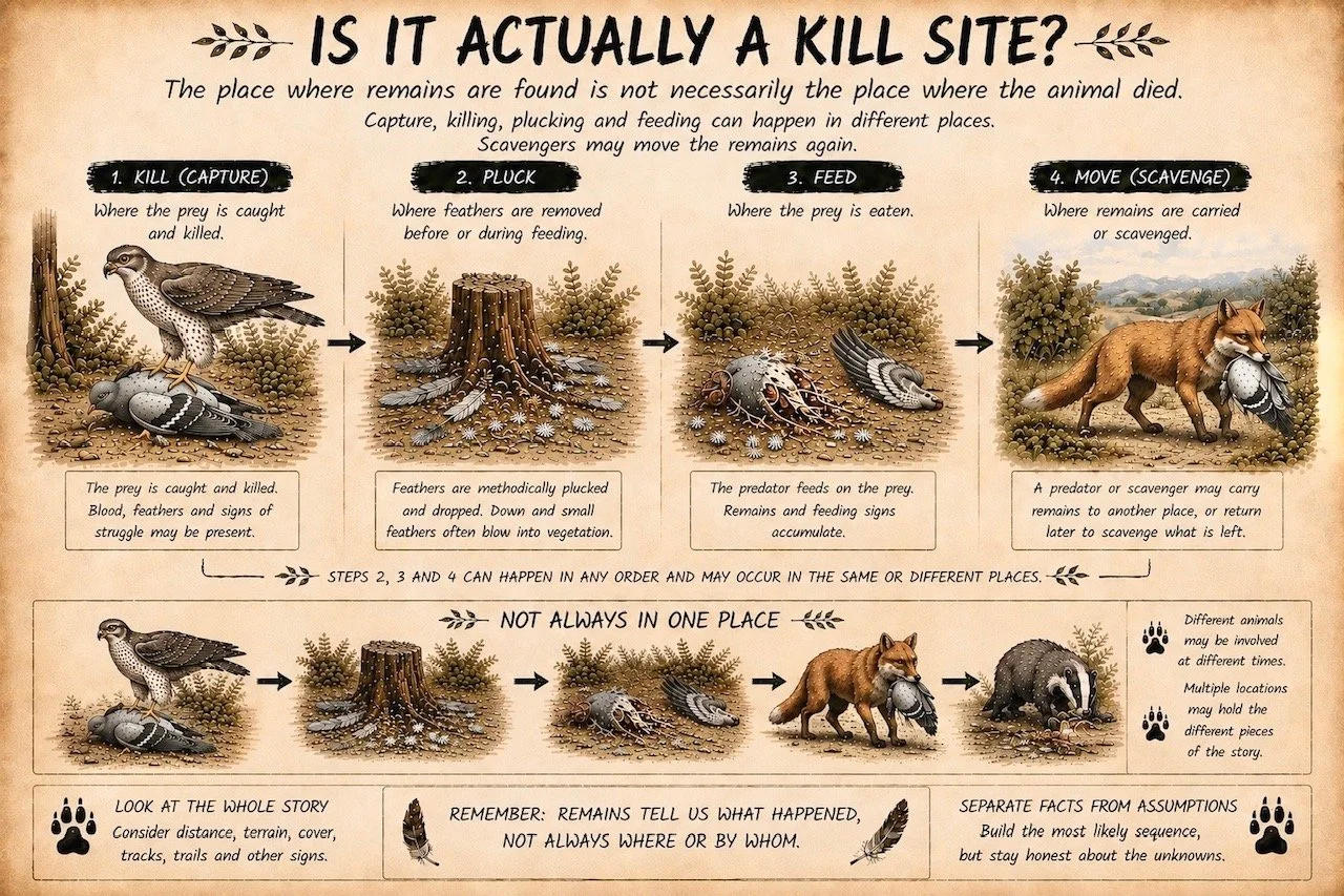 Diagram showing prey capture, plucking, feeding and scavenging as separate stages that may happen in different places