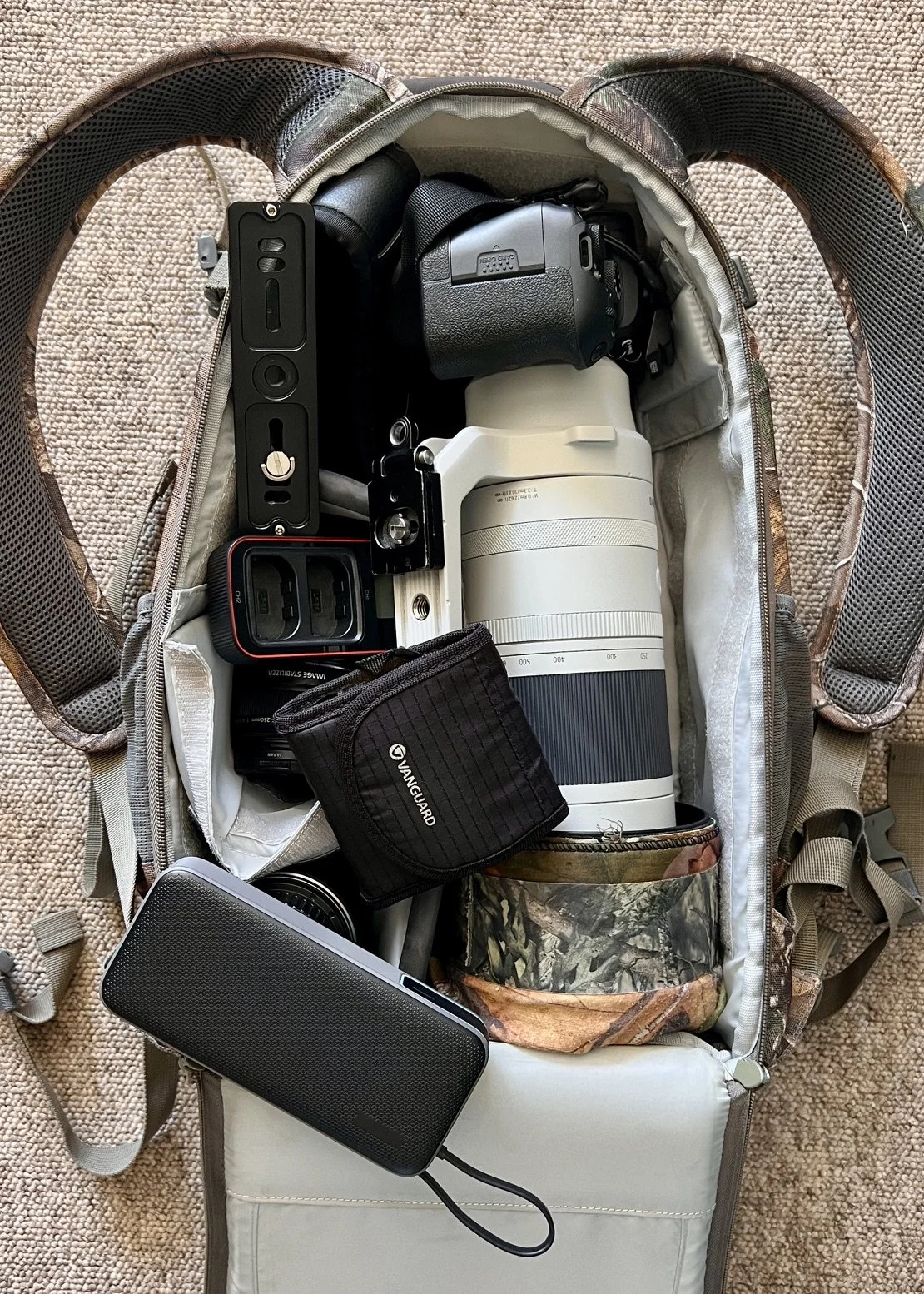 Lowepro Flipside camera backpack loaded with Canon R6 and RF 200-800mm attached.