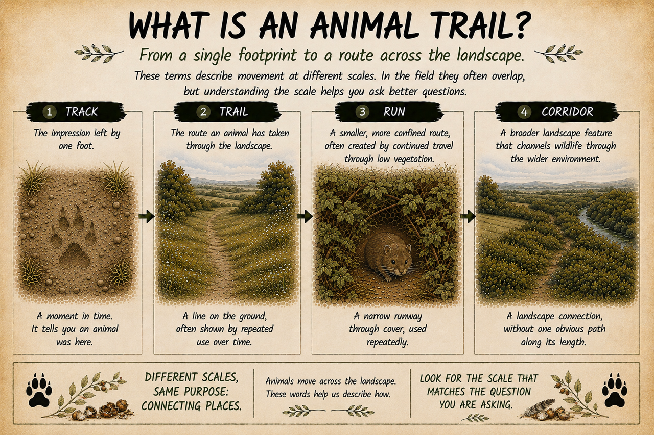 A diagram showing the difference between a track, a trail, a run and a wildlife corridor.