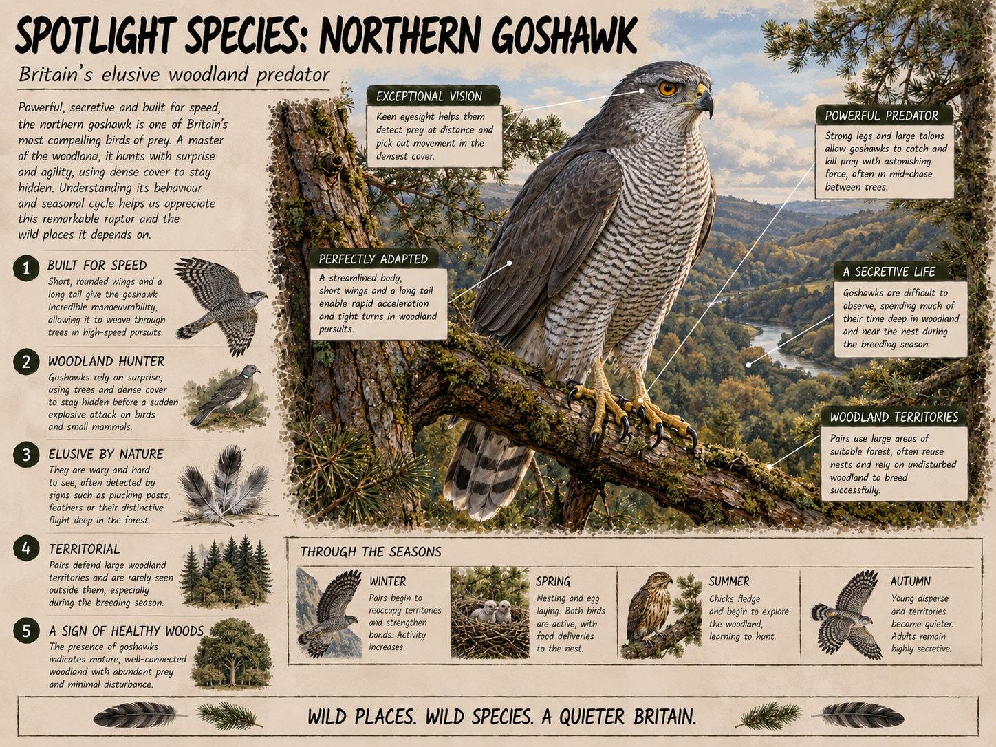 A goshawk perched above a wooded river valley surrounded by callout boxes describing its behaviour and how to see them in Britain.