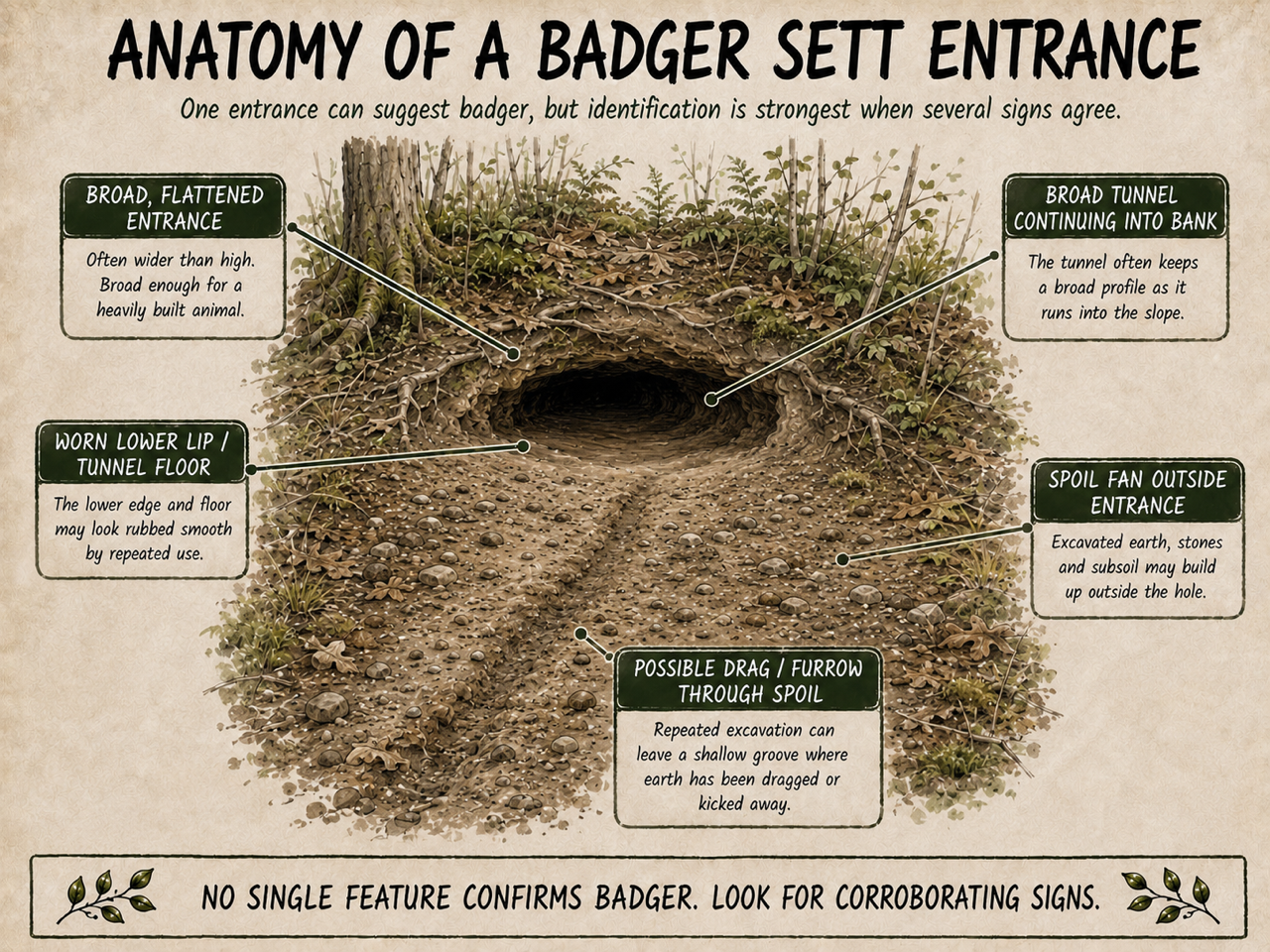 A diagam of a eurasian badger sett entrance with identifying clues