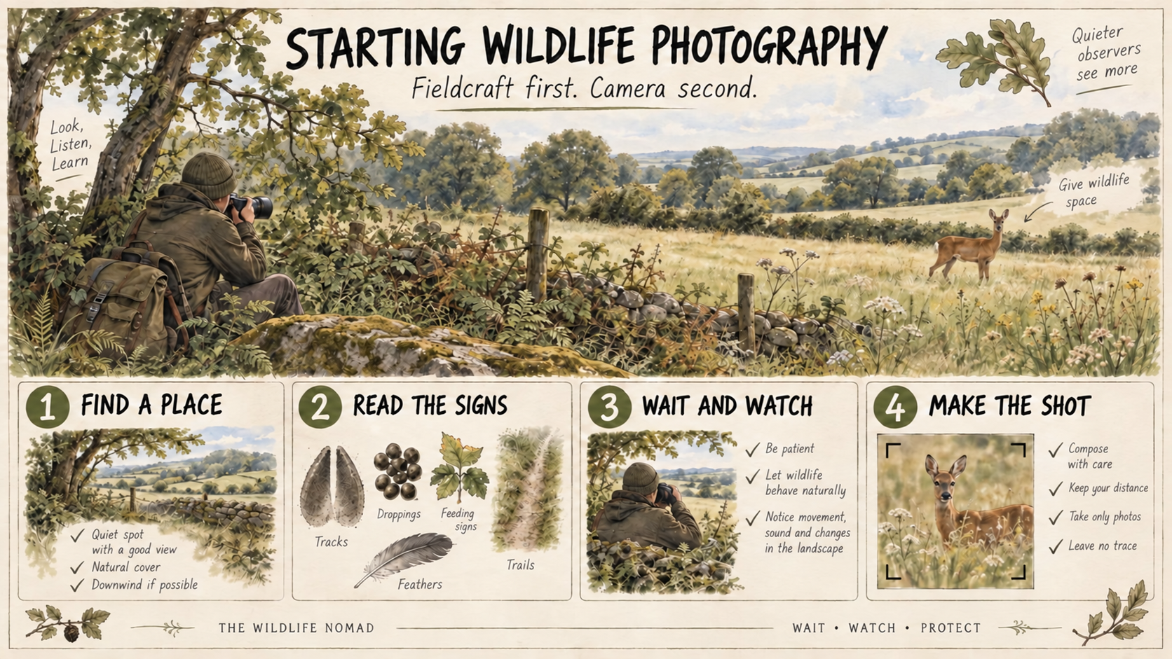 A diagram explaining the first steps of wildlife photography