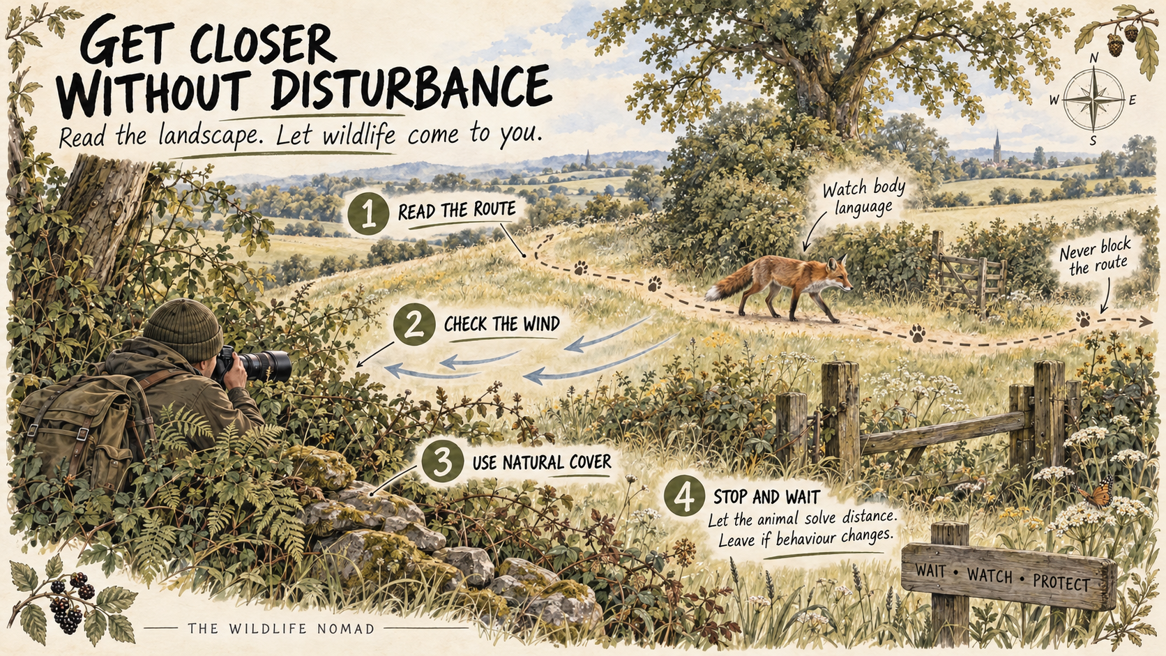 A diagram explaining methods of getting closer to wildlife without disturbing it.