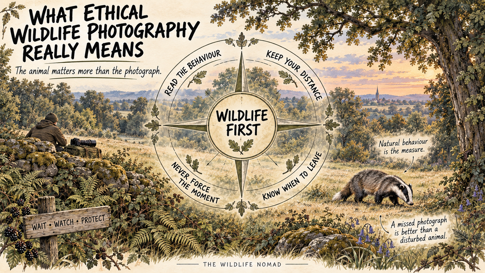 A diagram explaining what ethical wildlife photography means and the main considerations before photographing nature.