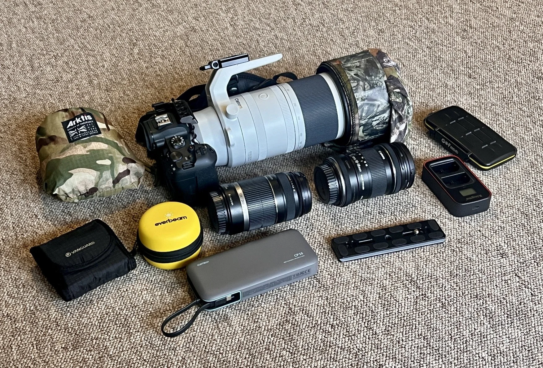 Canon R6, RF 200-800mm and standard wildlife photography equipment used to test camera backpacks.