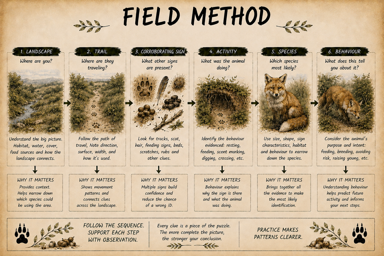 A diagram showing a suggsted fielld method for investigating wildlife trails, paths, and runs.