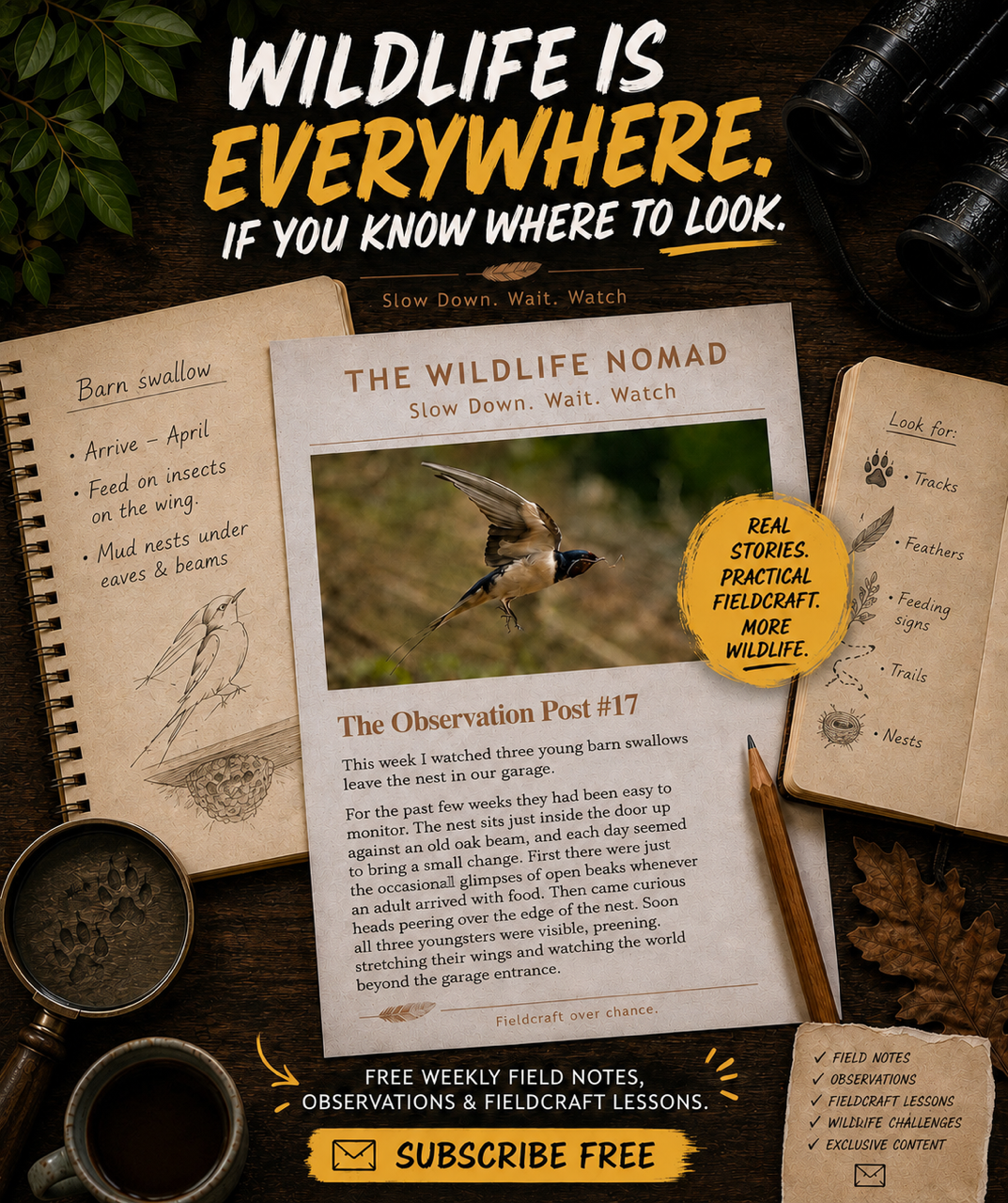 An example of "The Observation Post" newsletter. Titled "Wildlife is everywhere" with a subtext "If you know where to look." A notebook page shows notes on barn swallows, and another on signs to look for, including tracks and feathers.