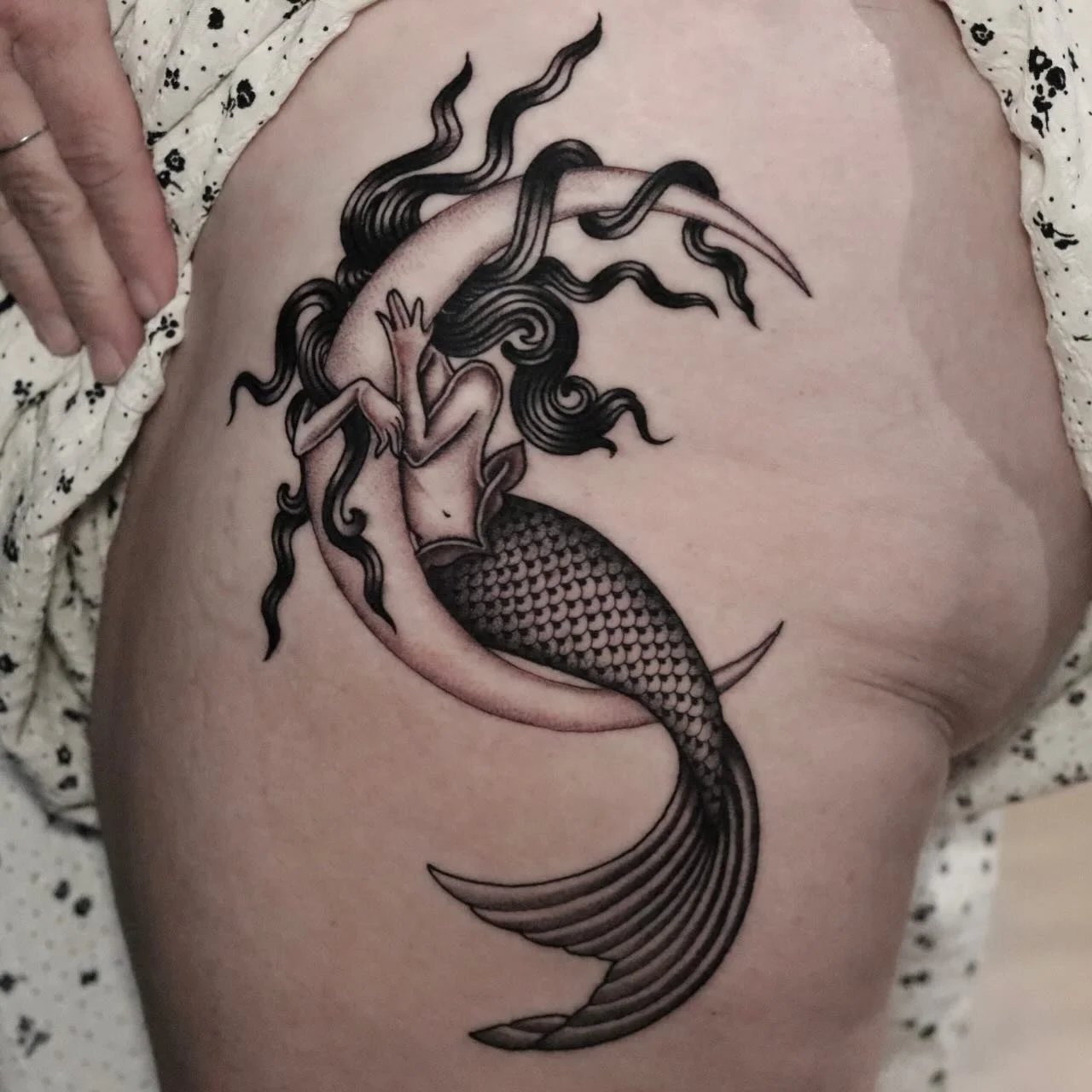 Some pre drawn, some custom and a baby hippo 🧜&zwj;♀️🐯🌸🏺🐍 🦛

#sandiegotattooartist #sandiegotattoo #sandiegoartist #pointloma #sandiego #mermaidtattoo #traditonaltattoo #blackworktattoo