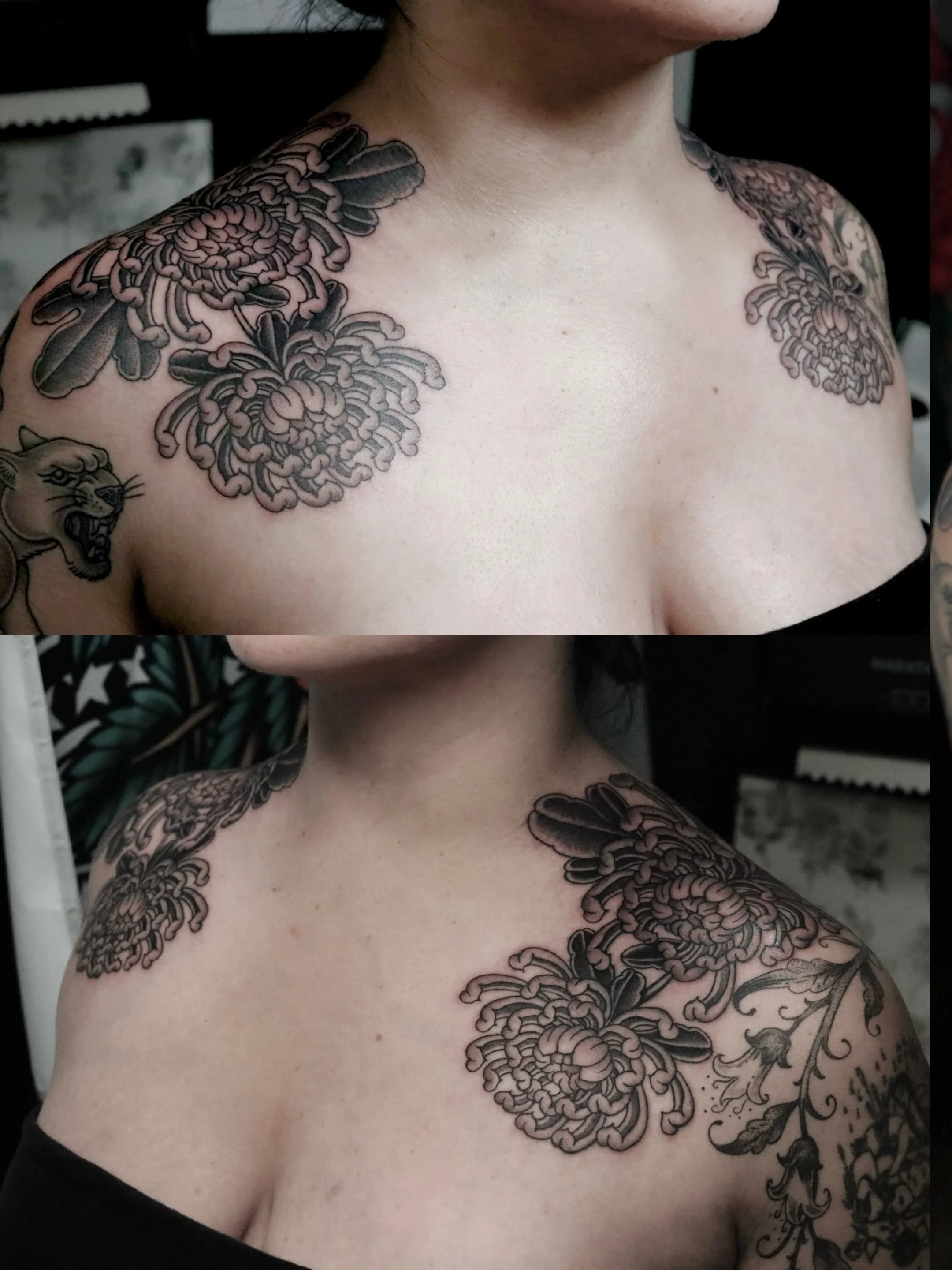 Matching chrysanthemum&rsquo;s for Emory 😍 drawn to fit &amp; flow ✨ tattoo forever 💗💗💗💗
Made in point Loma, San Diego 💗

#sandiegotattooartist #sandiegotattoo #chrysanthemumtattoo #floraltattoos #traditionaltattoo finelinetattoo