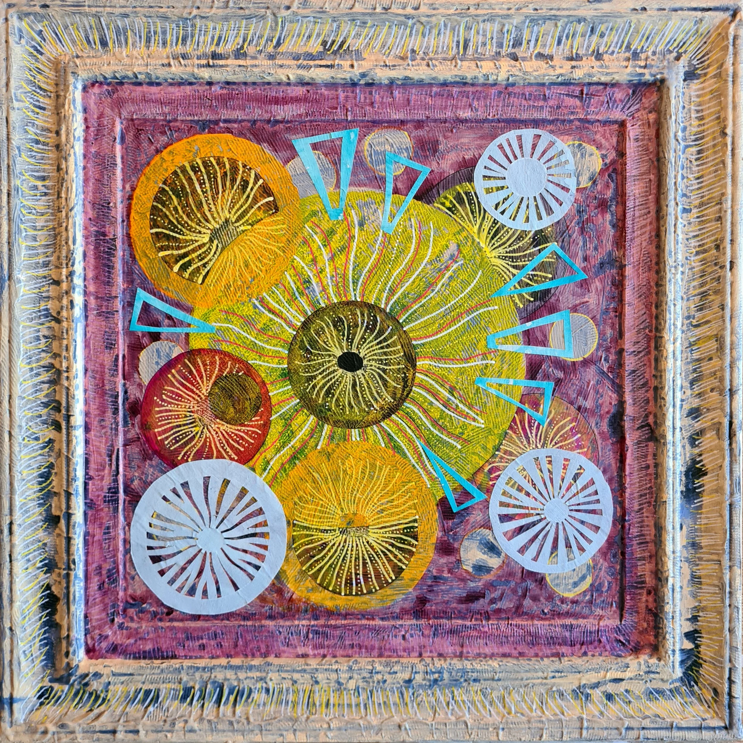 Myco 06, Acrylic and Mixed Media on repurposed picture frame, 44x44x2 cm