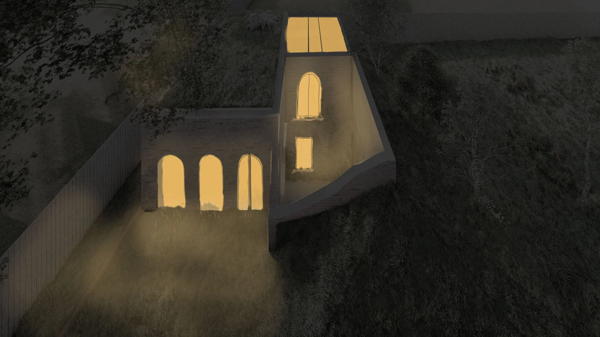 SHA Architecture + Design — Invented Ruin - A new house on a backland site hidden behind a berm, the building looks like a house found in the wilderness, from a yesteryear - an i