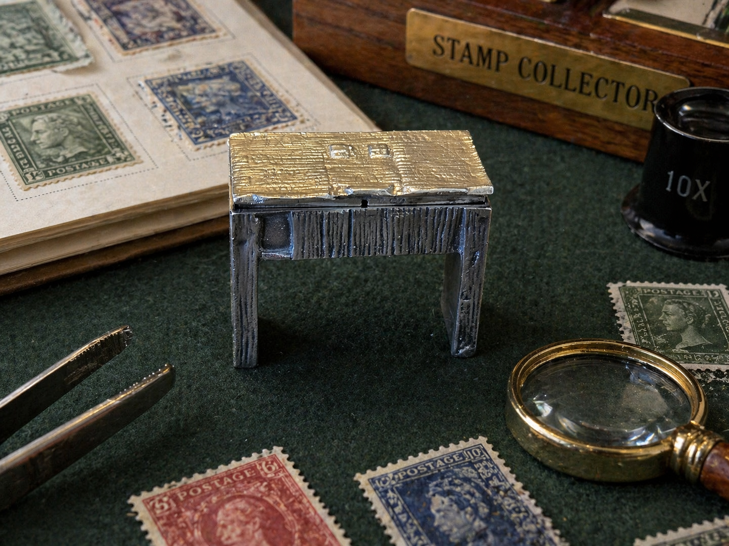 Antique Solid Silver Novelty Stamp Box in the form of Shakespear's Desk