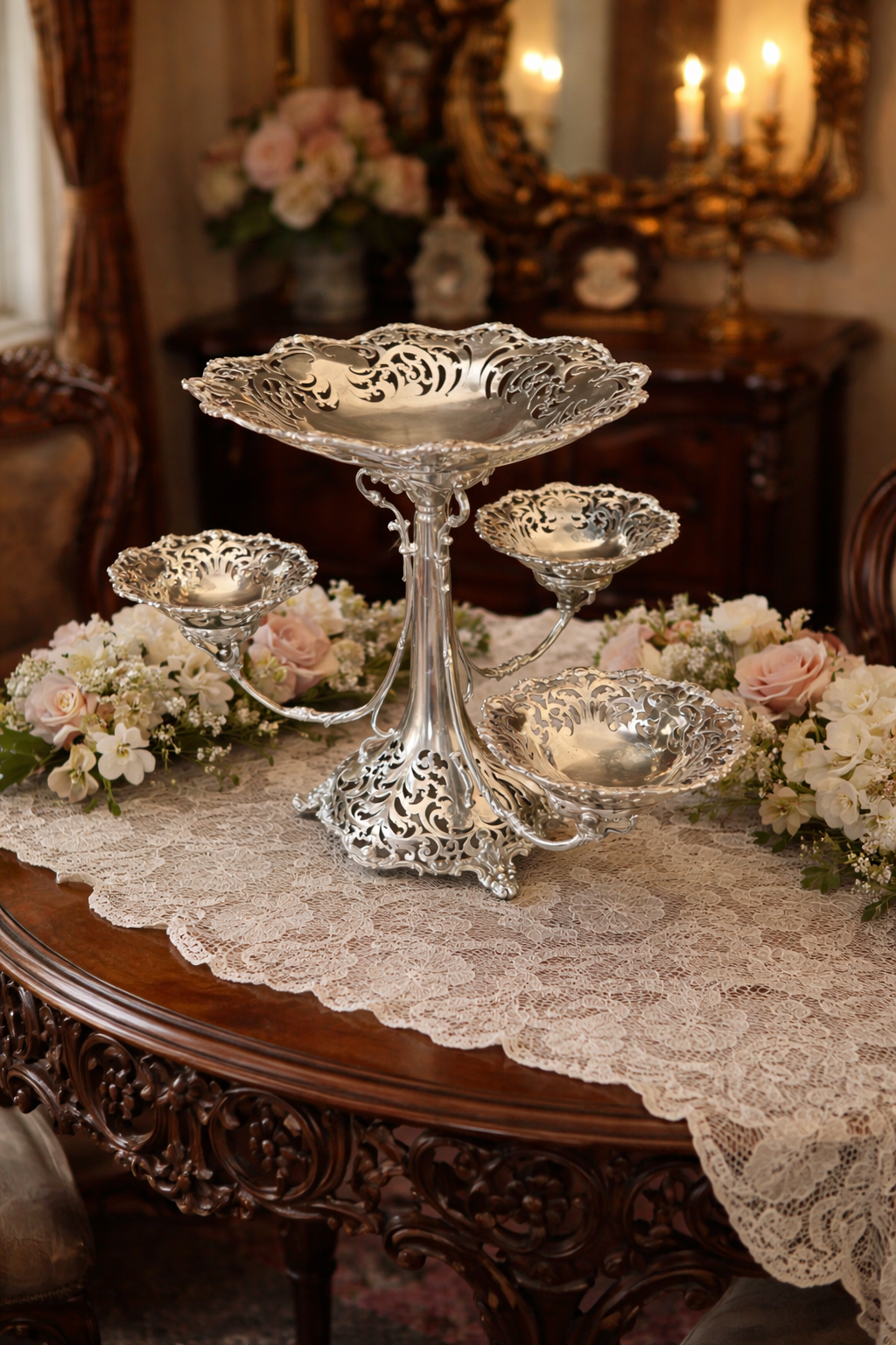 Antique Solid Silver Large Epergne 1220g 33cm wide London 1920