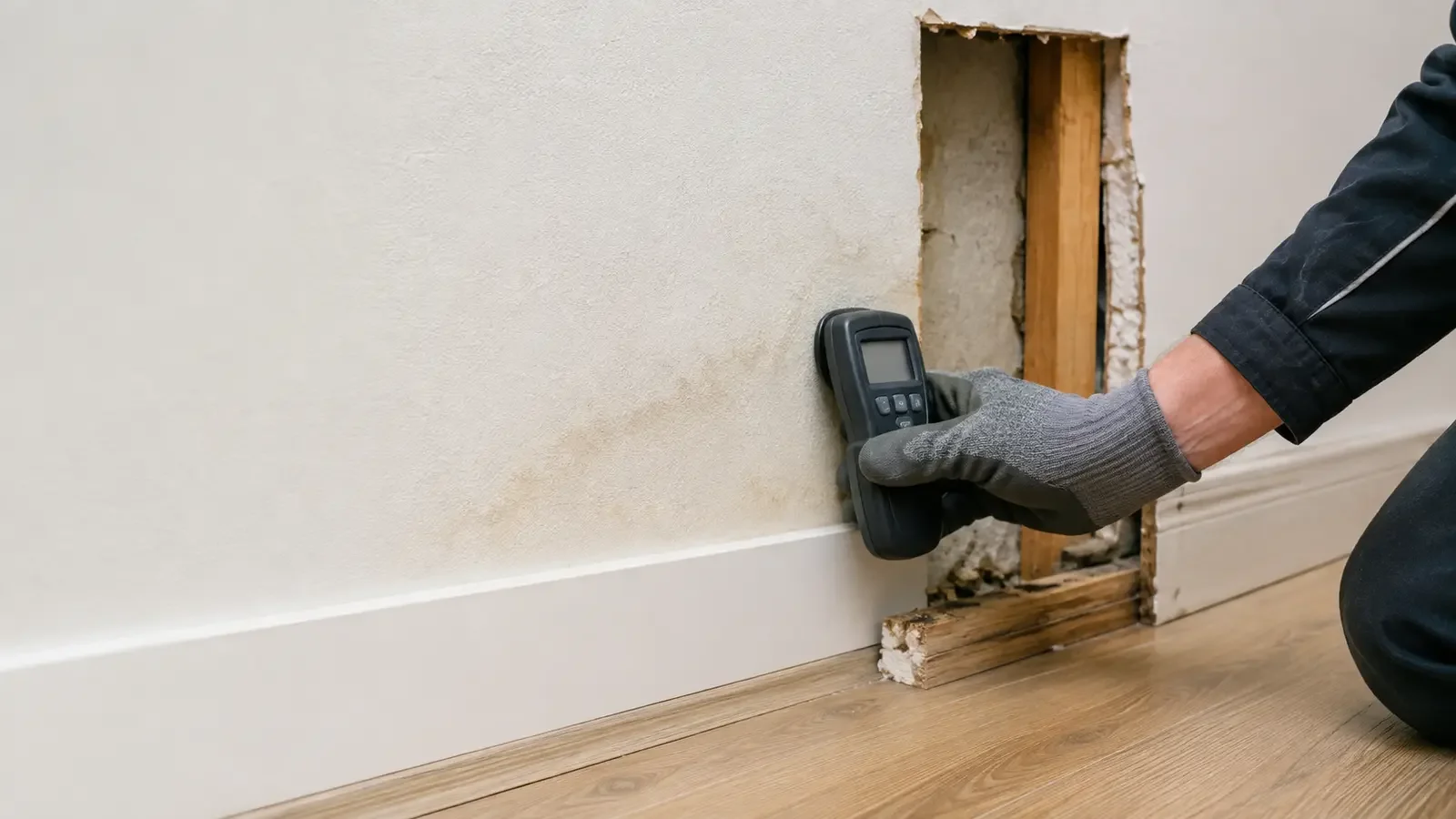 Illustrative technische Materialprüfung an einer feuchtegeschädigten Wand – kein lokaler RC-Projektfall in Vogtareuth