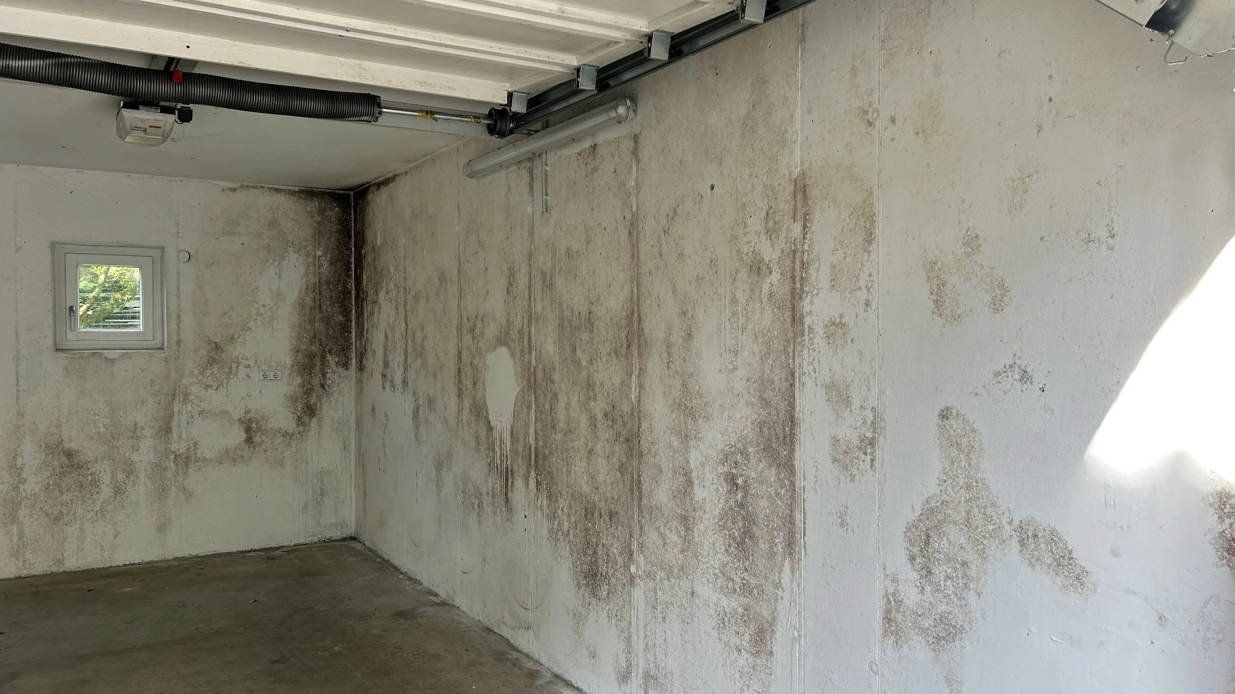 Unfertiger Raum mit verputzten Wänden und einem kleinen Fenster, keine Möbel oder Dekorationen, Sicht auf den Boden, vermutlich ein Keller oder Garage.