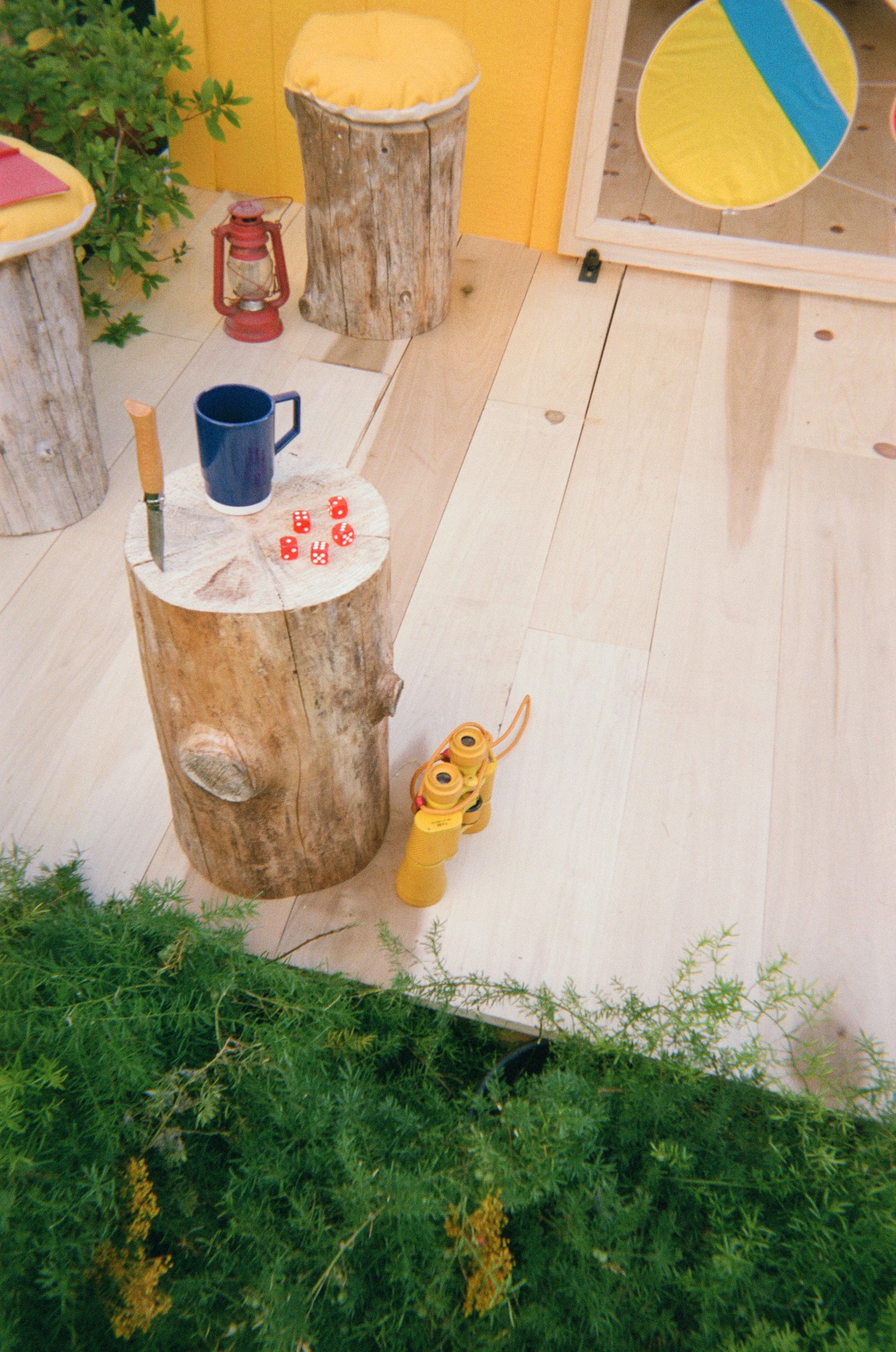Backyard scene with two tree stumps, a red lantern, a blue mug, a knife, and red dice on one stump. In the background, there is a yellow wall, a plant with green leaves, a yellow structure with a window, and a yellow toy with binoculars in the grass.