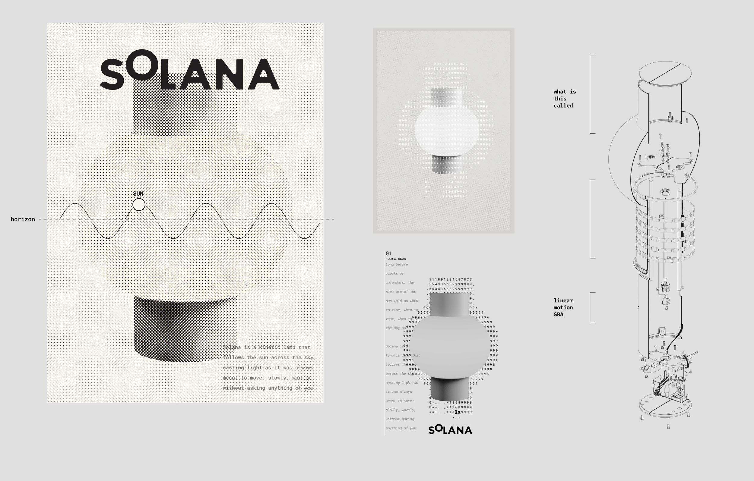 A collage of three images related to Solana, a blockchain platform. The first image is an artistic depiction of a Solana logo with the word 'SOLANA' and a line graph indicating the sun's position relative to the horizon. The second image shows a diagram of a kinetic clock, illustrating how it follows the sun across the sky. The third image is a technical drawing of a mechanical device with labels indicating different parts.