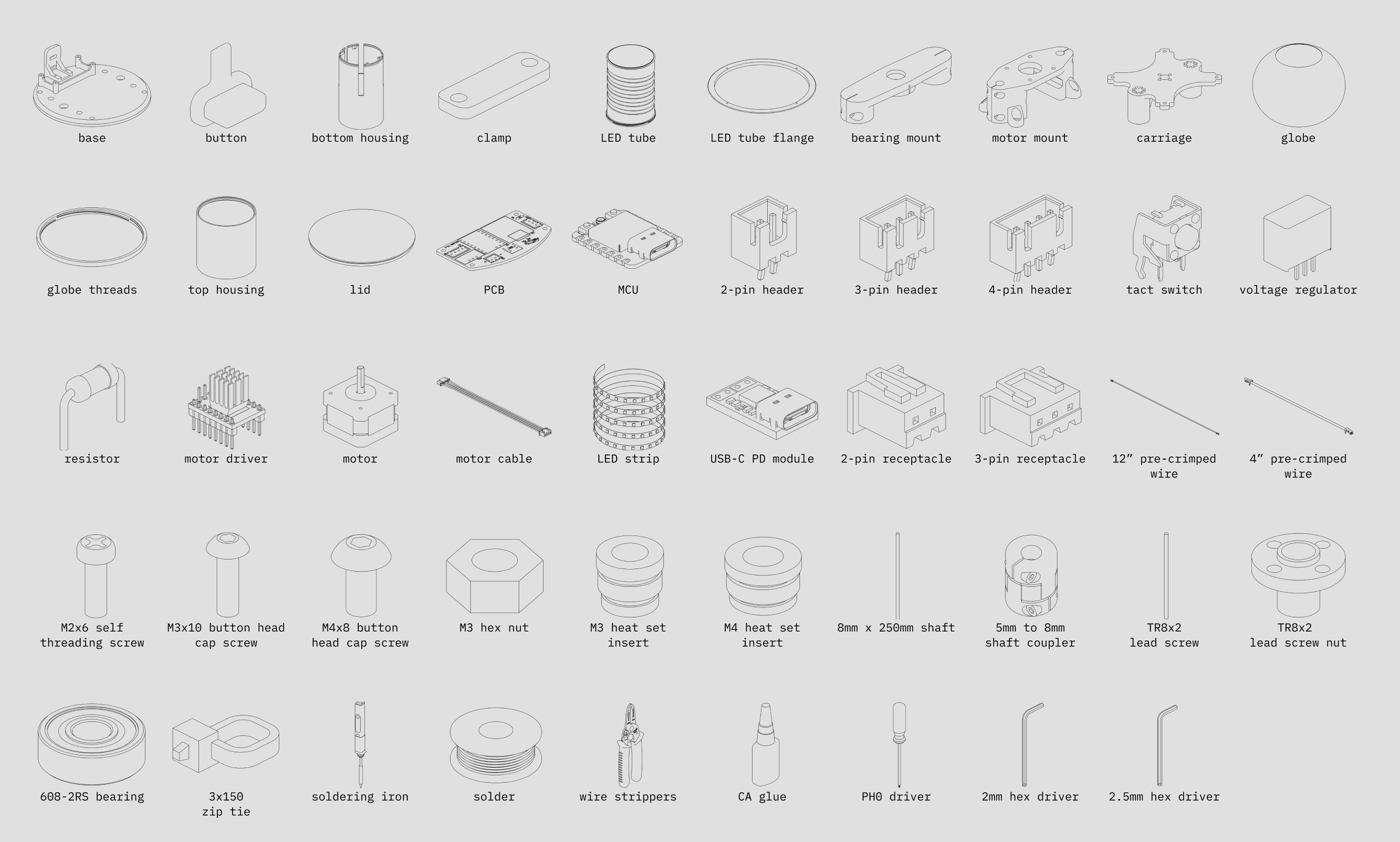 Diagram of electronic components and parts including base, button, LED tube, PCB, motor, resistor, screw, wire, and other electronic parts.