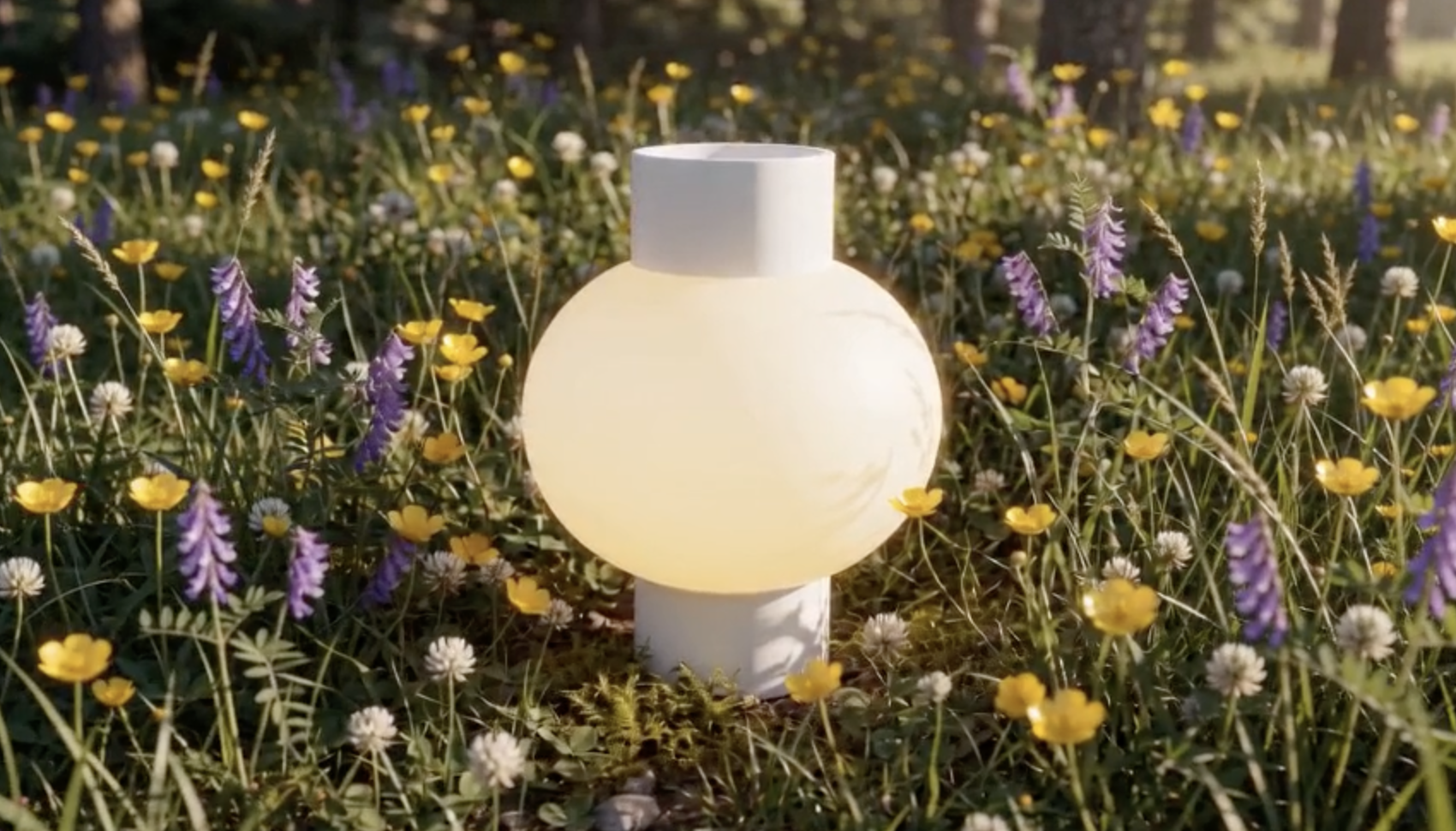 A glowing lamp with a spherical shape and white top is placed outdoors among yellow, purple, and white wildflowers in a natural setting