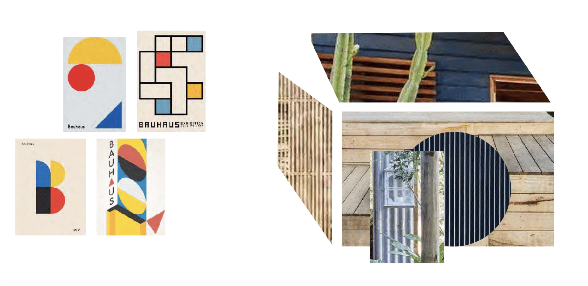 Collage of Bauhaus style posters and images of wooden and building materials.