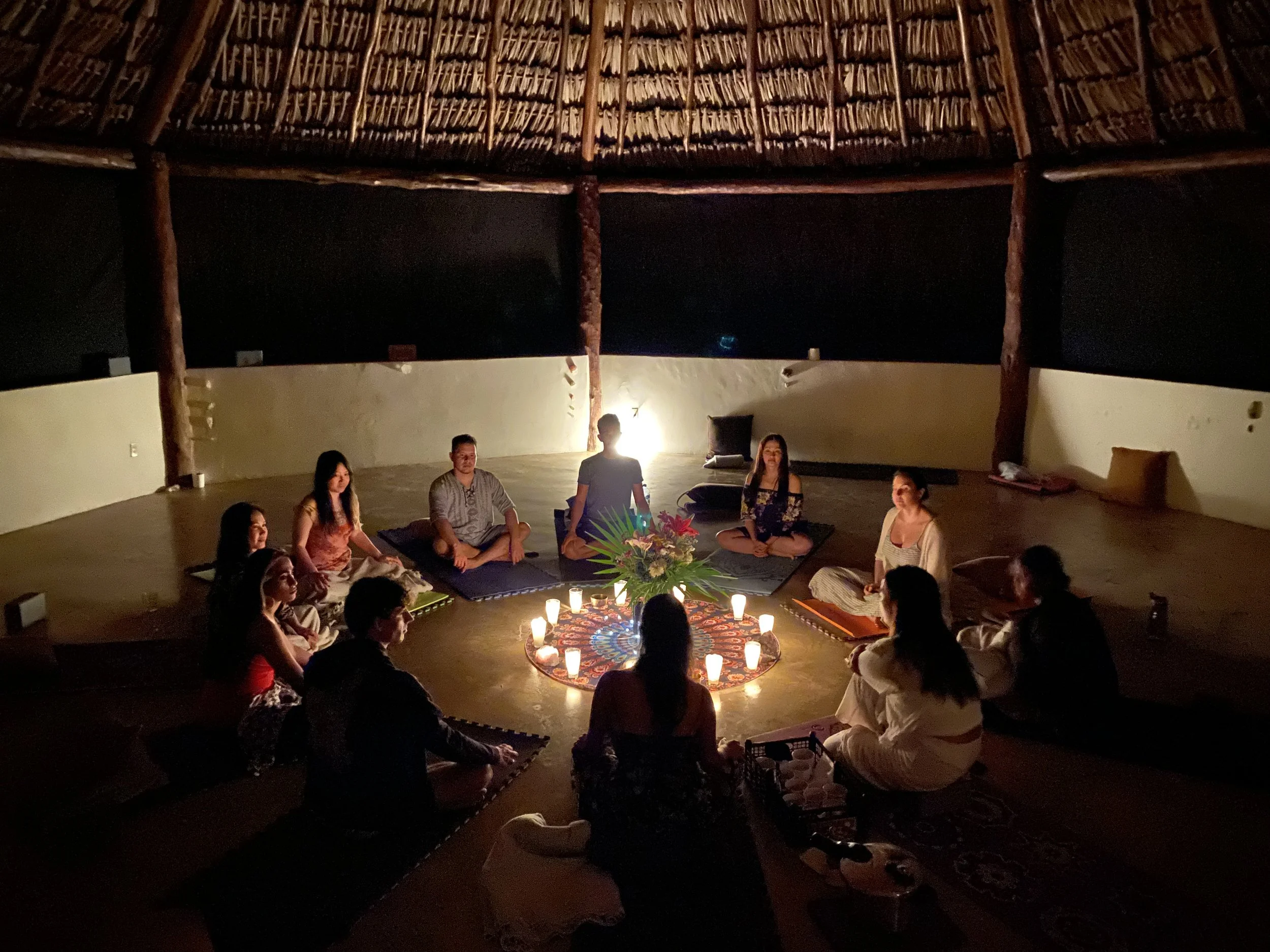 Meditation in the jungle at Casa Arkaana – nature-based mindfulness and breathwork experience in Tulum, Mexico.