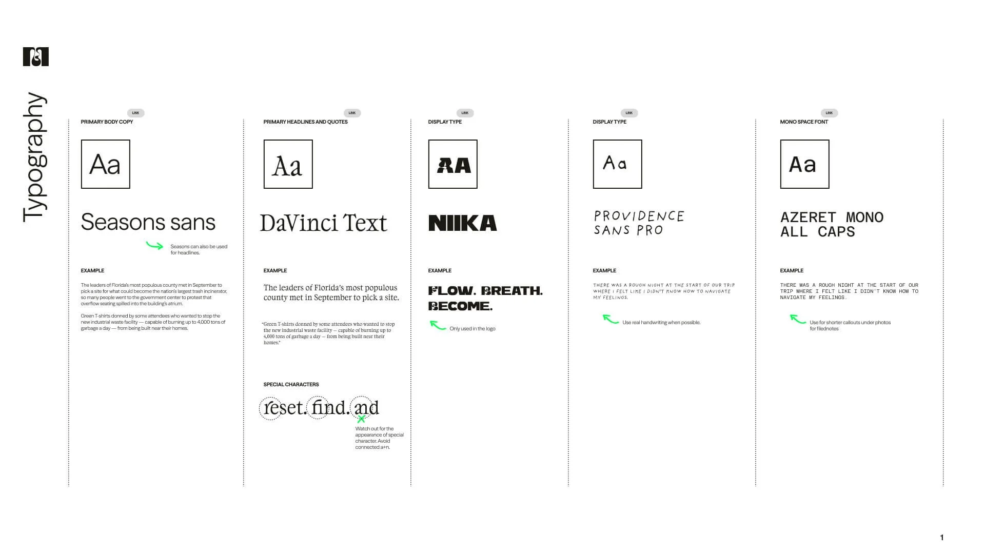 various typefaces used in meander brand