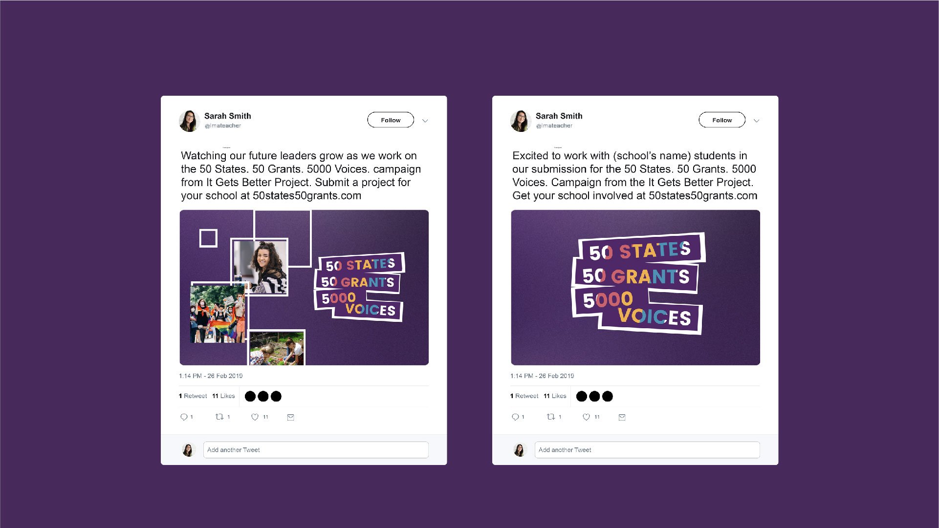 Tweet graphics with text and images on a purple background