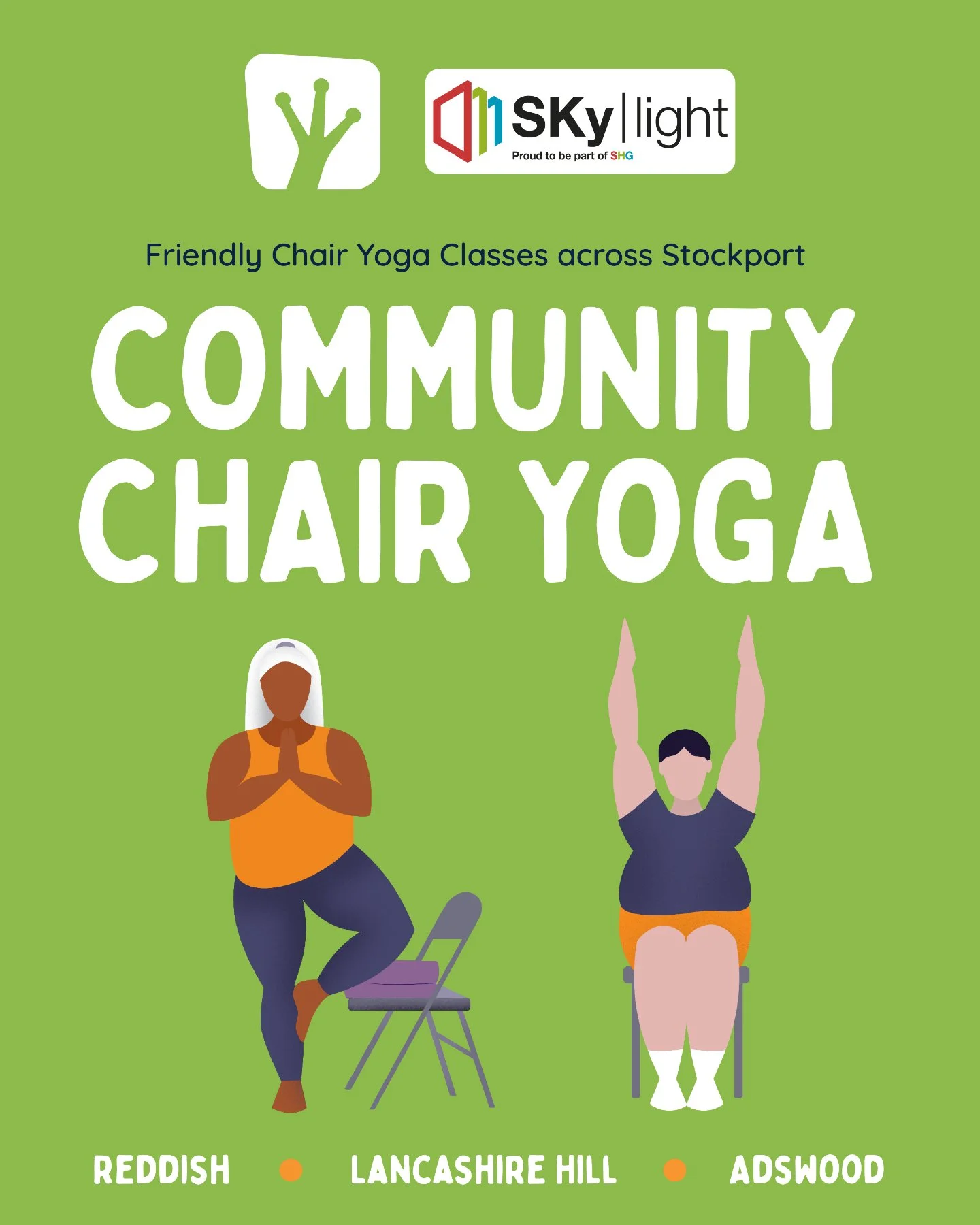 Community Chair Yoga is our impactful outreach project that has been running since September 2024 in Reddish. 

Chair Yoga is for anyone, of any age, who would like to learn yoga without having to get up and down from the floor. It&rsquo;s great for 