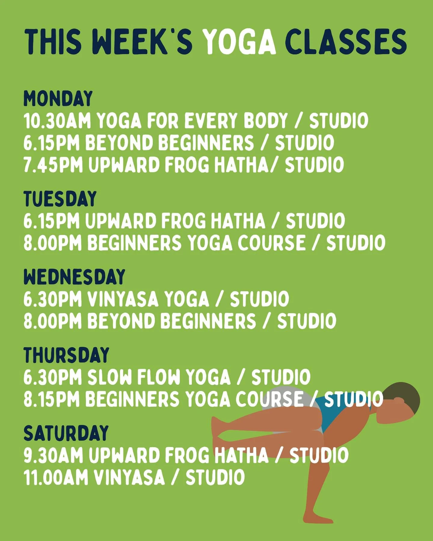 This Week's Yoga Schedule ✨⁠ ⁠

Book online:⁠
www.upwardfrog.yoga/classes⁠

See you on the mat 💚🐸 ⁠

⁠ #yogamanchester #yogastockport #yogastudiomanchester