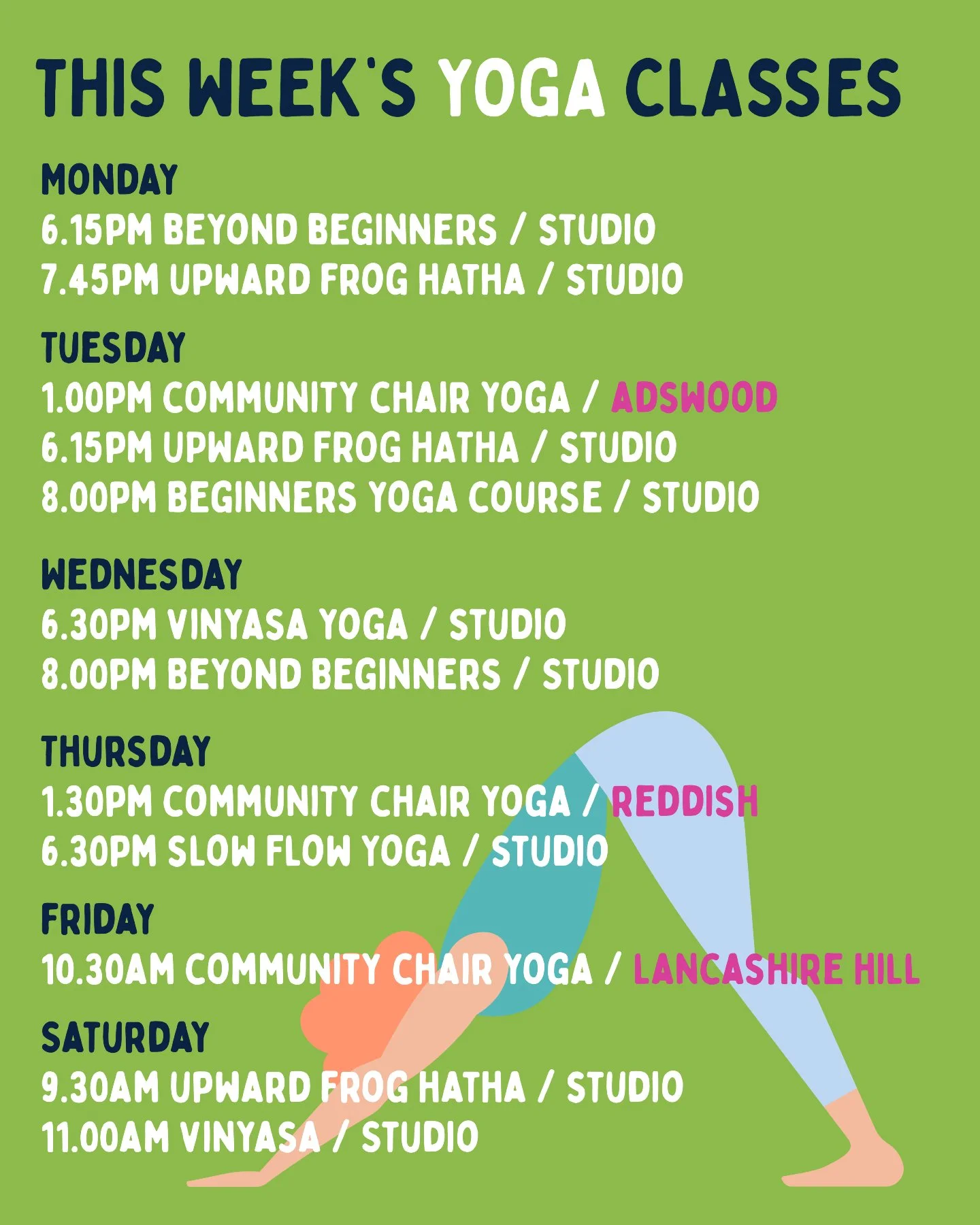 This Week's Yoga Schedule ✨⁠ ⁠

Book online:⁠
www.upwardfrog.yoga/classes⁠

See you on the mat 💚🐸 ⁠

⁠ #yogamanchester #yogastockport #yogastudiomanchester