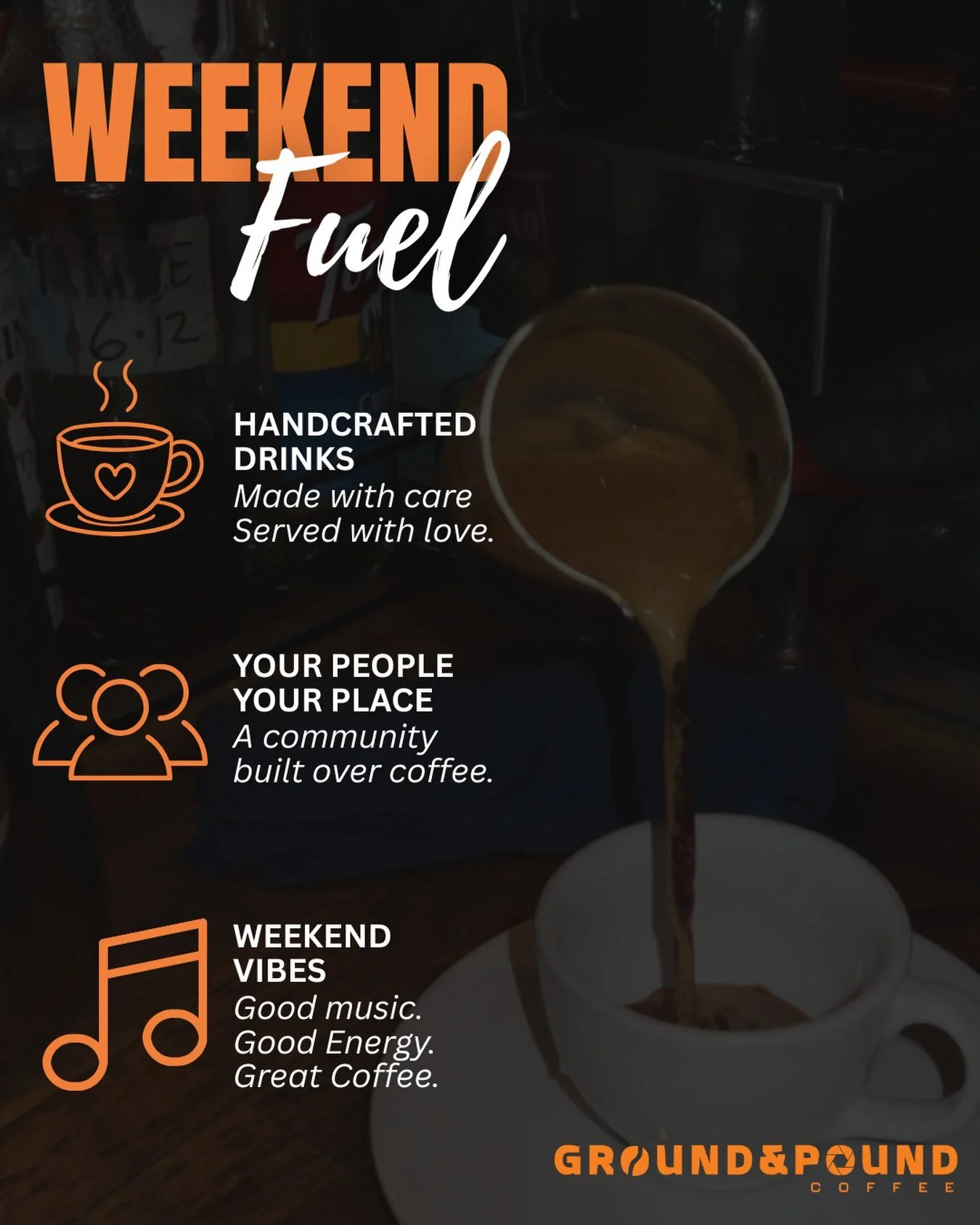 Weekends are better with a coffee in hand. ☕🧡

Whether you&rsquo;re meeting up with friends, catching up on work, or just taking a moment for yourself, Ground &amp; Pound is the place to be.

✔️ Handcrafted drinks made with care
✔️ A welcoming commu