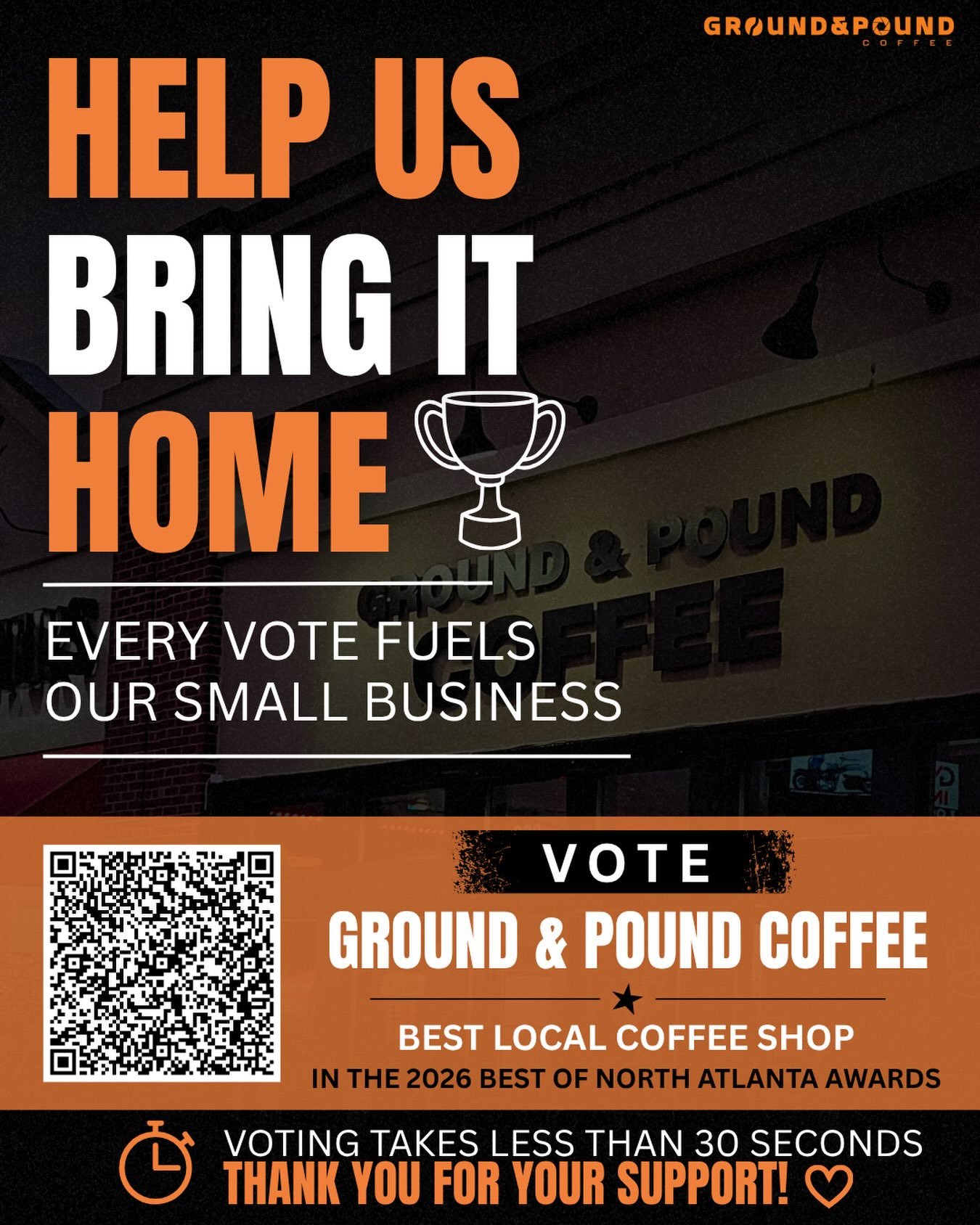 ☕️ We need your help!

If Ground &amp; Pound Coffee has ever been part of your morning, your study session, or your daily routine, we&rsquo;d be so grateful for your vote! 🧡

We&rsquo;re honored to be nominated for Best Local Coffee Shop in the 2026