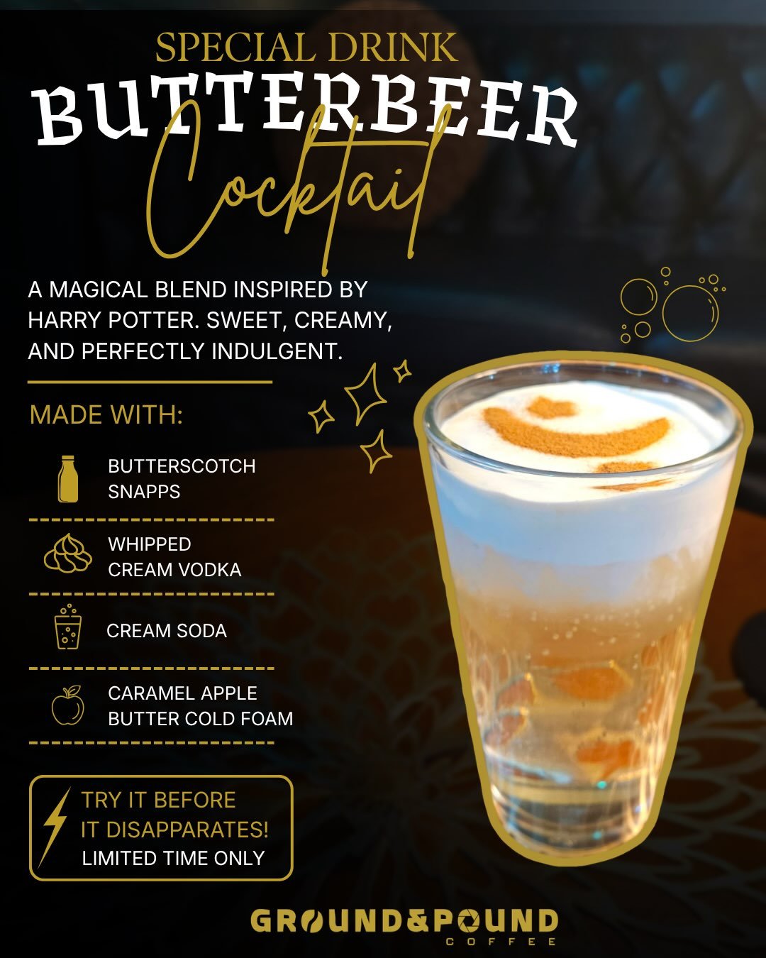 ⚡🧙&zwj;♂️ Calling all witches, wizards, and Muggles&hellip;

The Great Hall is opening its doors at Ground &amp; Pound this Thursday for a night of Harry Potter Trivia! 🏰✨

Sip on our limited-time Butterbeer Cocktail, feast on a menu inspired by th