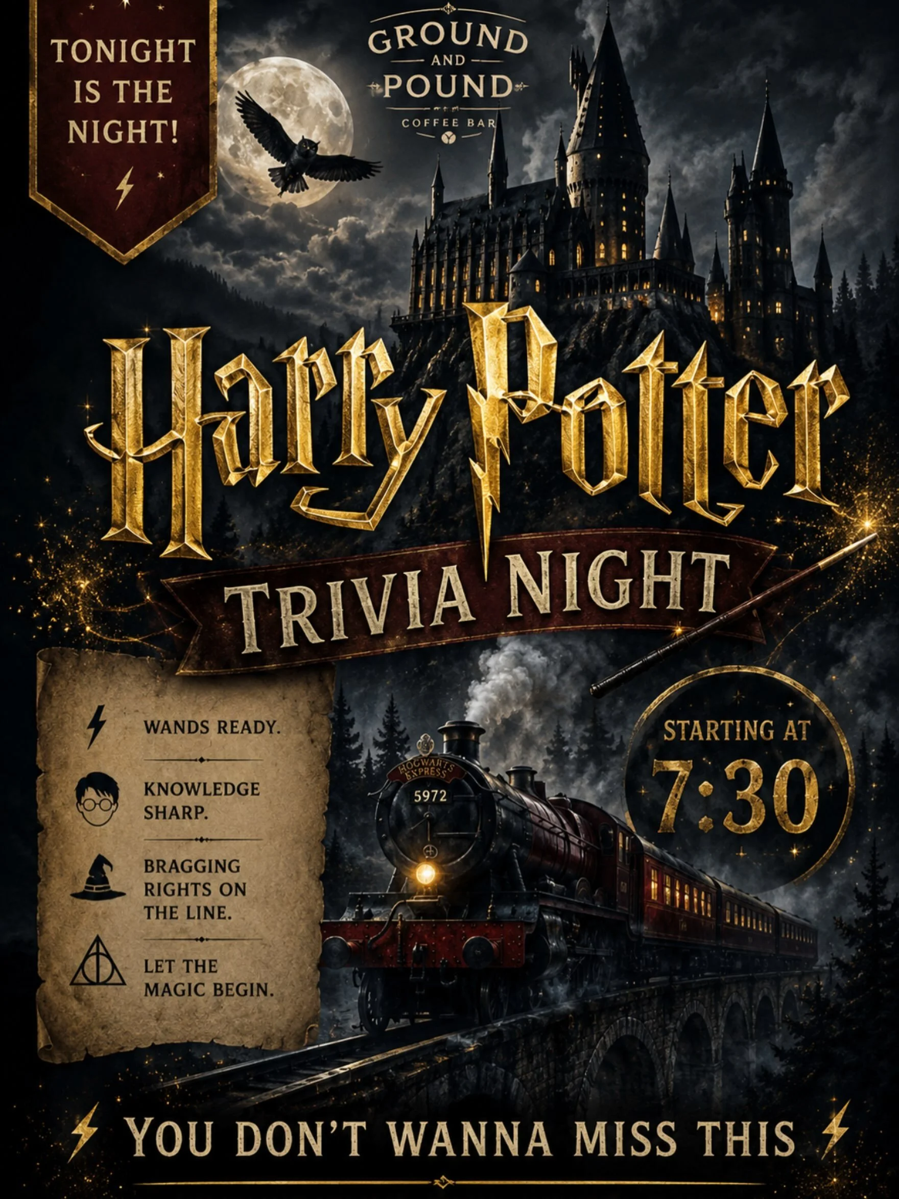 ✨⚡️ The owls have delivered the message&hellip; Tonight is the night! ⚡️✨

Grab your housemates, brush up on your wizarding knowledge, and join us for Harry Potter Trivia starting at 7:30 PM! Enjoy our specialty Harry Potter menu, sip on a Butterbeer