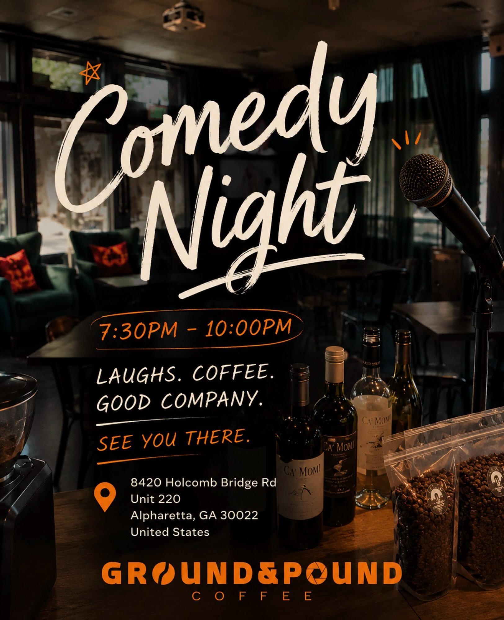 Comedy night is calling&hellip; and your seat is waiting. 🎤☕🍷

Grab your friends, order your favorite drink, and get ready for a night full of laughs. Whether you&rsquo;re here for the coffee, the wine, or the comedy, we&rsquo;ve got you covered.


