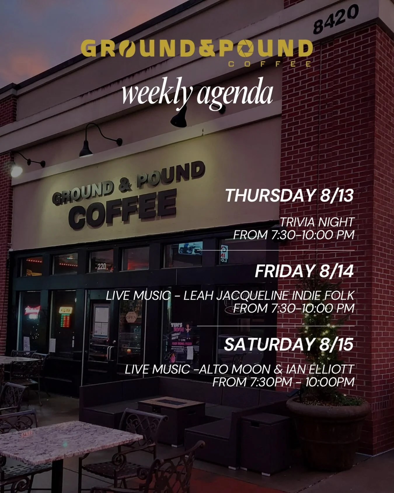 This week at Ground &amp; Pound ☕️🎶

Thursday: Trivia Night | 7:30&ndash;10 PM
Friday: Live music with Leah Jacqueline | 7:30&ndash;10 PM
Saturday: Live music with Alto Moon &amp; Ian Elliott | 7:30&ndash;10 PM

Grab your crew, grab a drink, and com