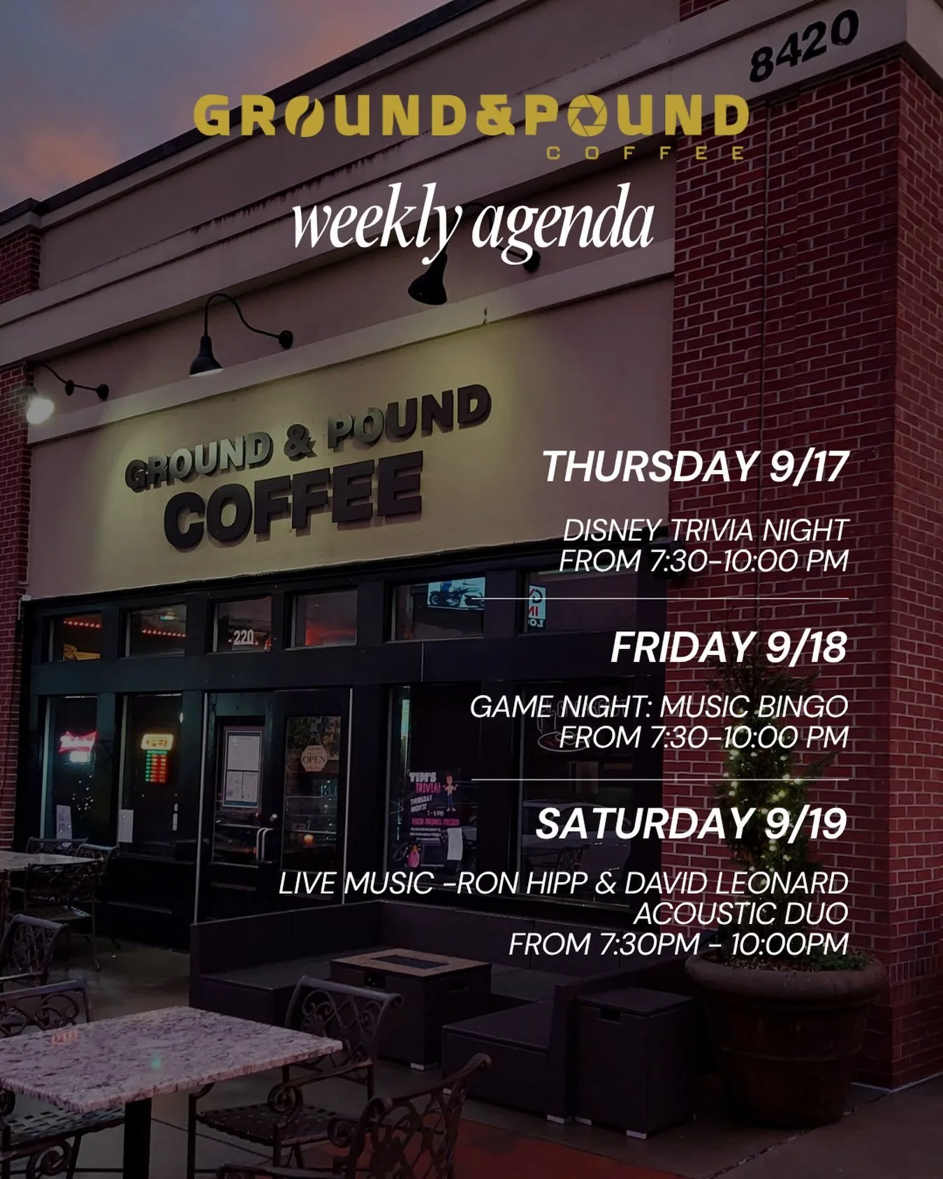 Your weekend plans = handled ☕️🎶✨

Thursday: Disney Trivia 🏰
Friday: Music Bingo 🎵
Saturday: Live music with Ron Hipp &amp; David Leonard 🎸

Everything kicks off at 7:30 PM. Grab your crew and spend the weekend with us at Ground &amp; Pound!

#Gr