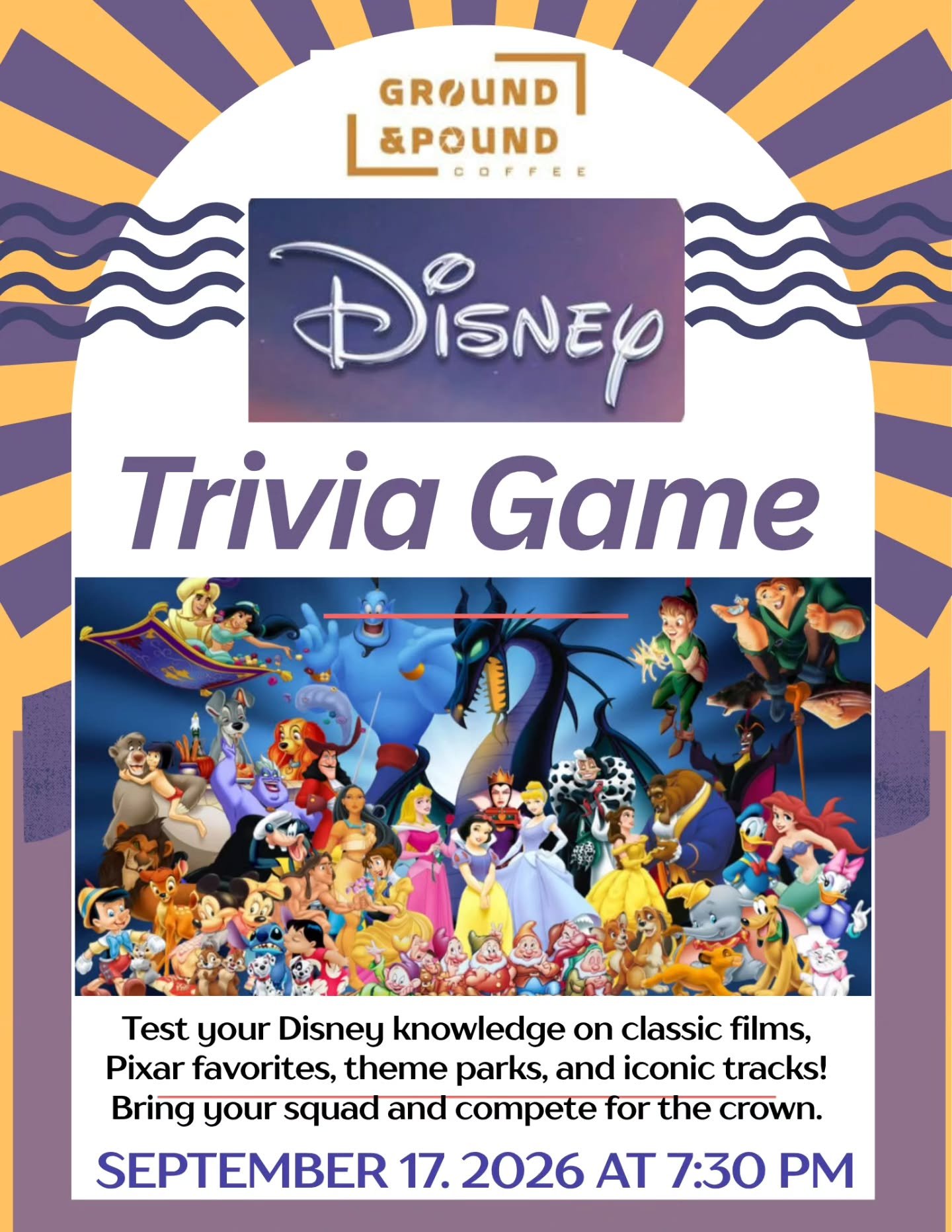 Disney Trivia at Ground &amp; Pound this Thursday!Food, Cocktails,  Prizes! 
Fun for the whole family ✨️
Call (770) 687 - 2215 to make a reservation. 
#disney #trivia #roswellga