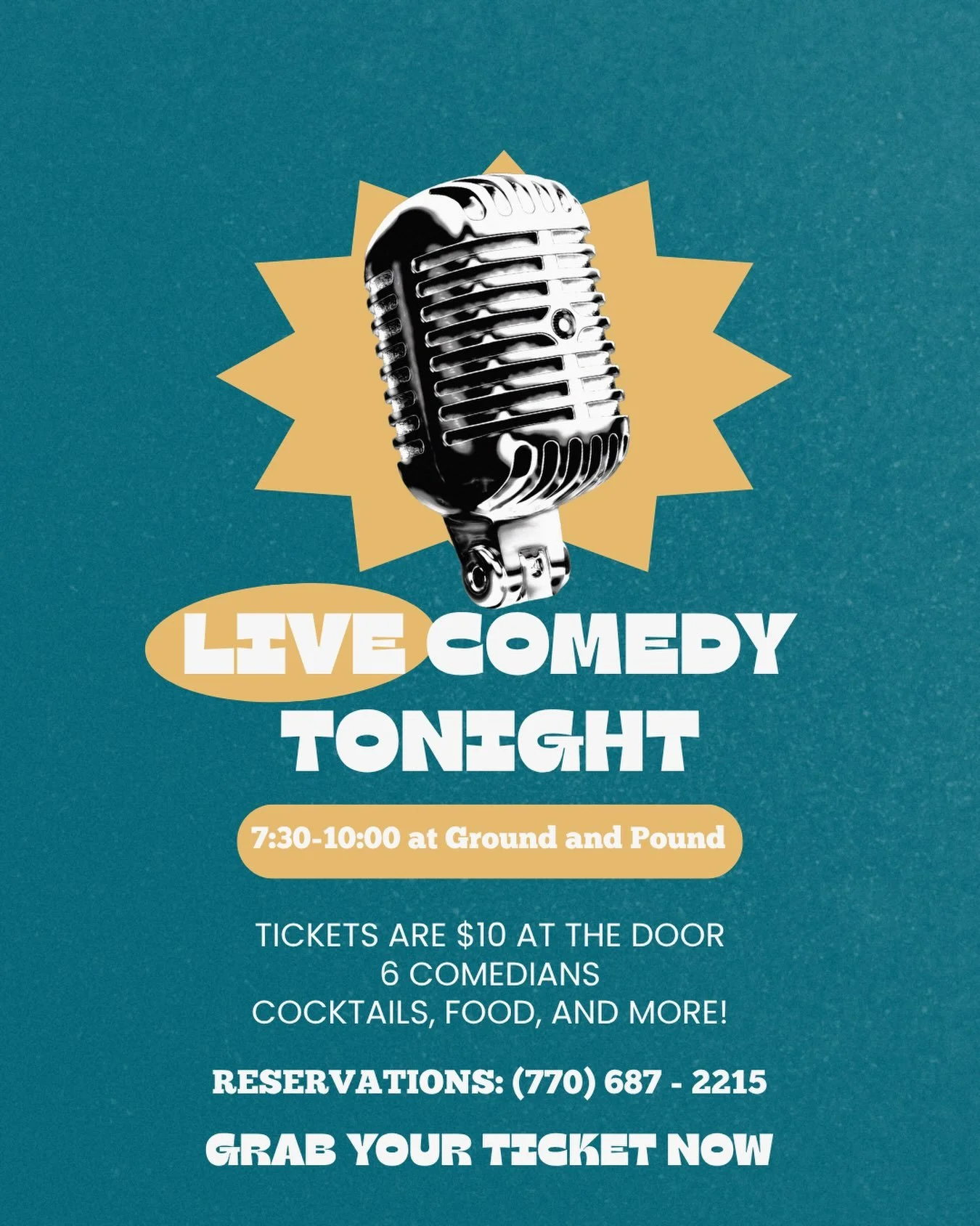 Comedy night is back 🎤😂

Join us at Ground &amp; Pound from 7:30&ndash;10 PM for 6 comedians, cocktails, food, and plenty of laughs.

🎟️ $10 at the door
📞 Reservations: (770) 687-2215

Grab your crew and come ready to laugh! 🍸✨