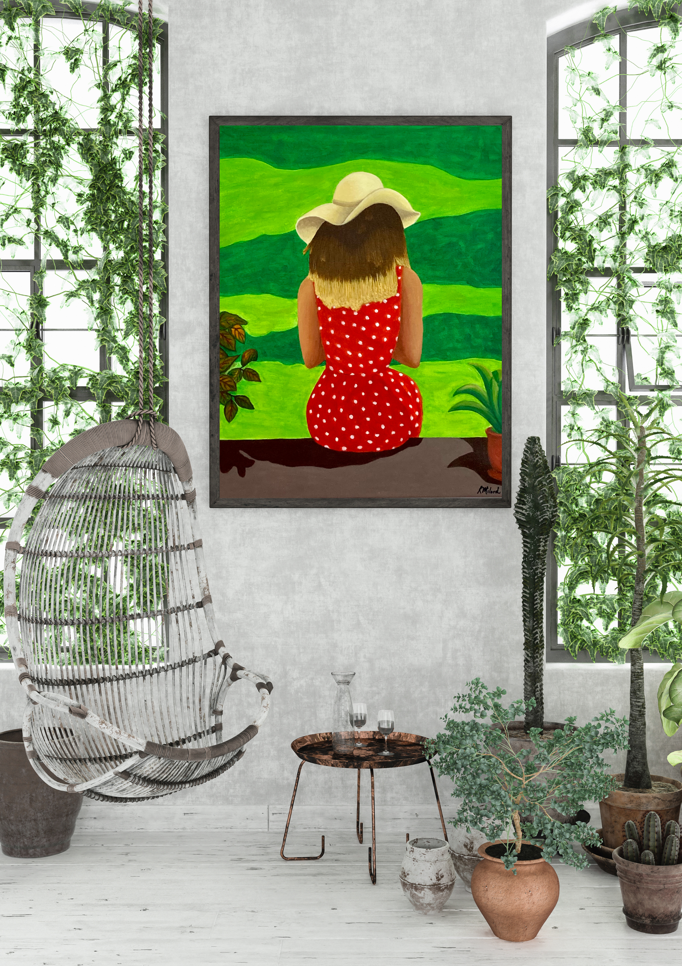 Interior space with a large framed painting of a woman in a red polka dot dress and sun hat, sitting by a green landscape. Surrounding the painting are various potted plants and a white wicker chair, with a small black marble-top side table holding glasses and a decanter.