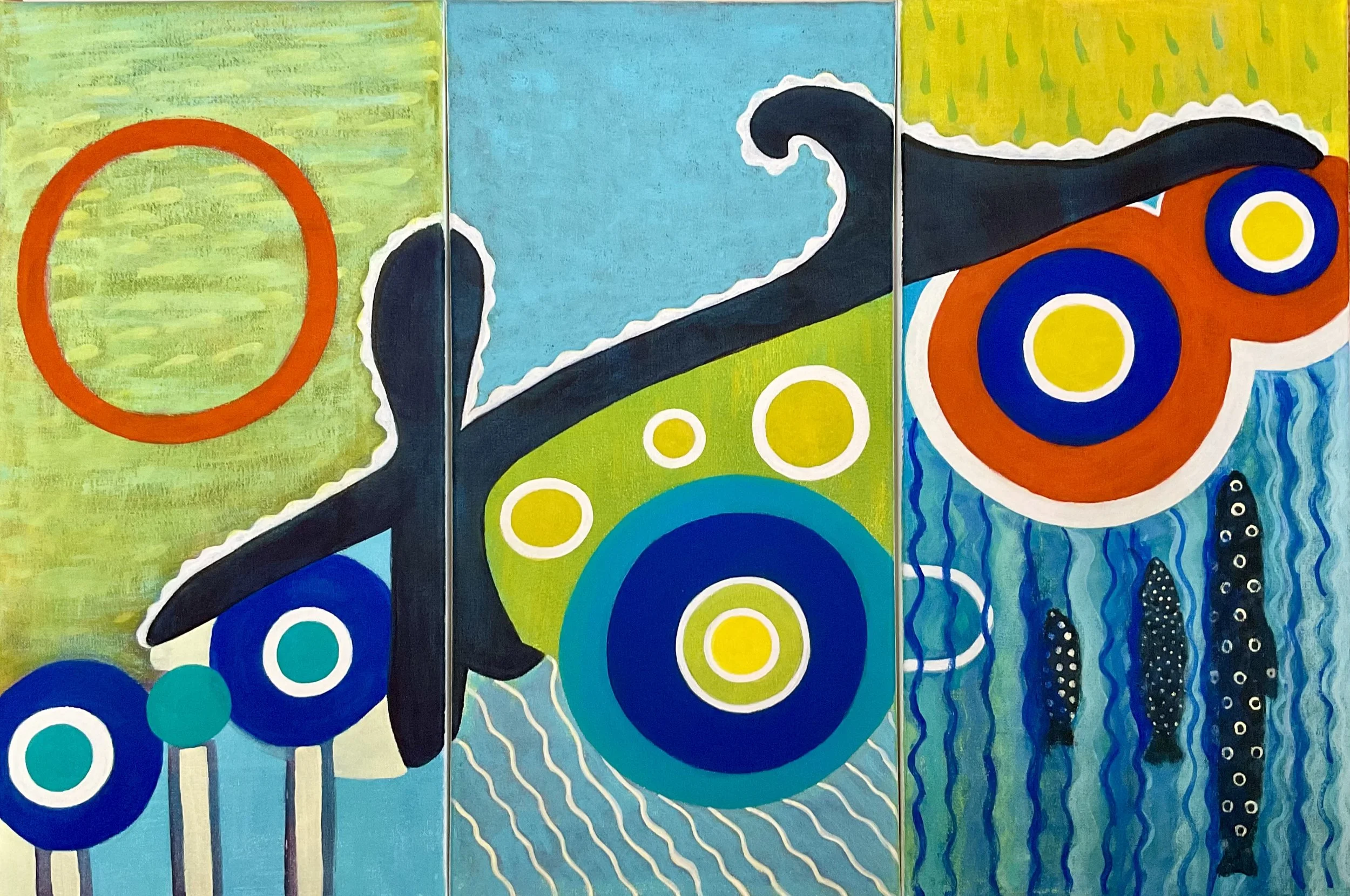 Gone Fishing. Acrylic on canvas - 20 X 30 inches (3 canvas of 10 X 20 each). This playful, vibrant abstract captures the joy of escape and the lightness of being present in the moment. 
